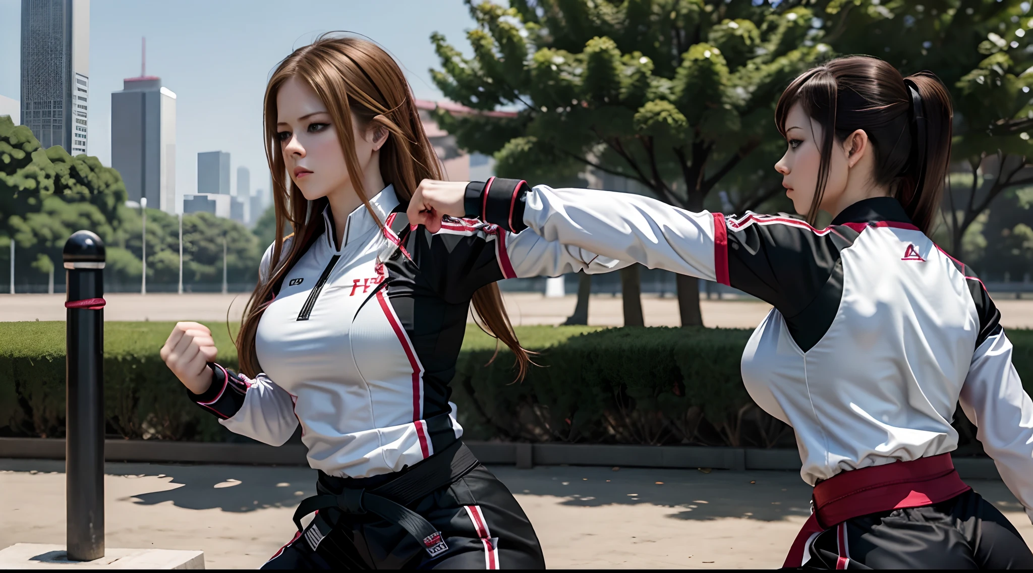 hyper realistic, brunette (taekwondo practitioner) ((Avril Lavigne)) alone in a park of a skyscraper in Seoul Korea, elegant tight taekwondo uniform, training, inspired by Juri Han from Street Figher 6 game, female, musclebound, enormous ripped muscles, cute young face, big j-cup breasts, (big round thick glutes), tiny waist, 8pack abs, view the whole park, show calves, perfect body,