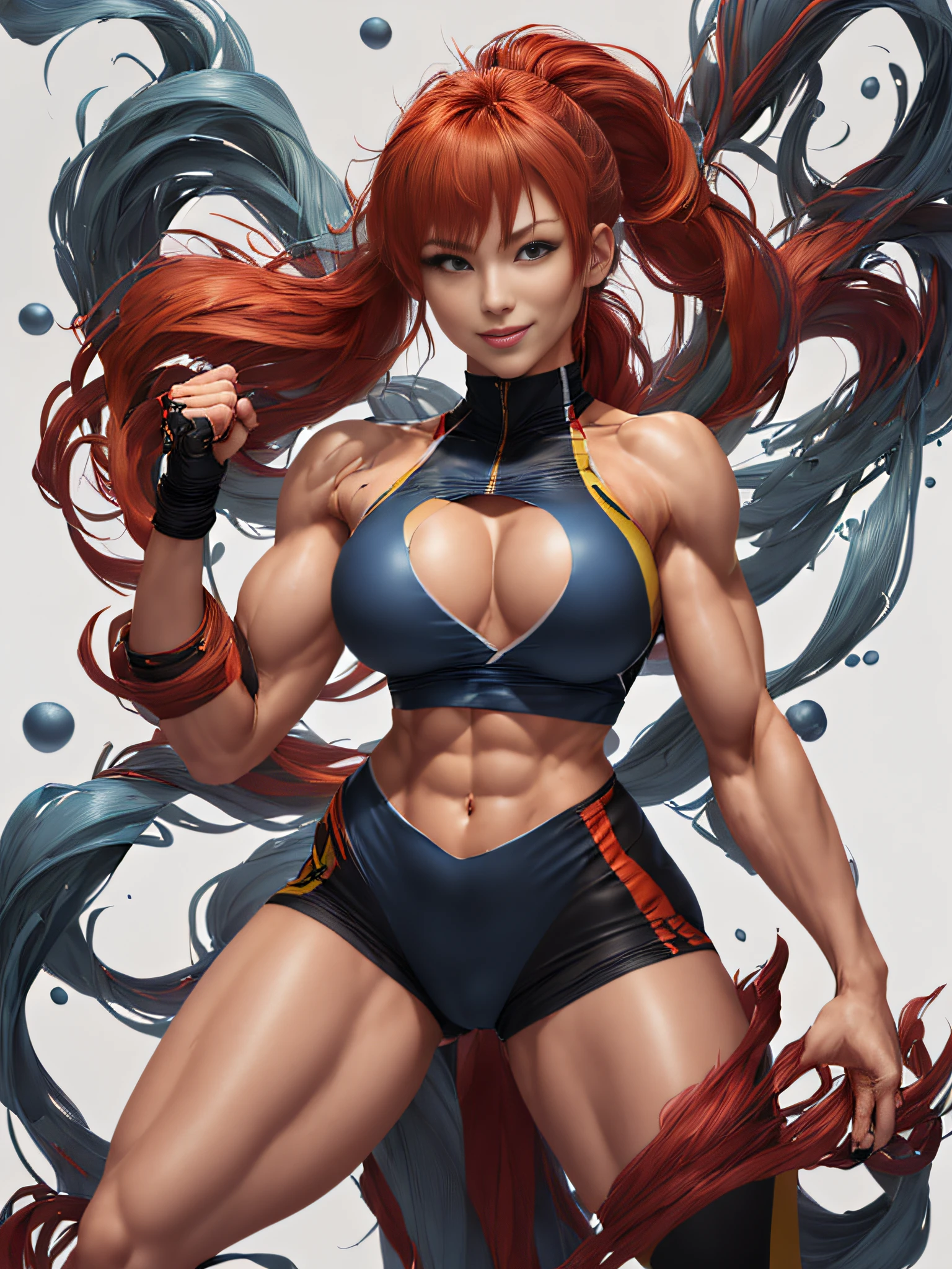 resplendent smile、One female fitness model、Huge chest on the verge of bursting、thin and long legs、abdominals、musculature、Metallic Orange Training Wear、Half Japan and half American.、25-years old、Height 175cm、sportuniversal、blue eyes、Red hair、Pony tail、glistning skin、blue eyes、Pose ready to fight、full-body view