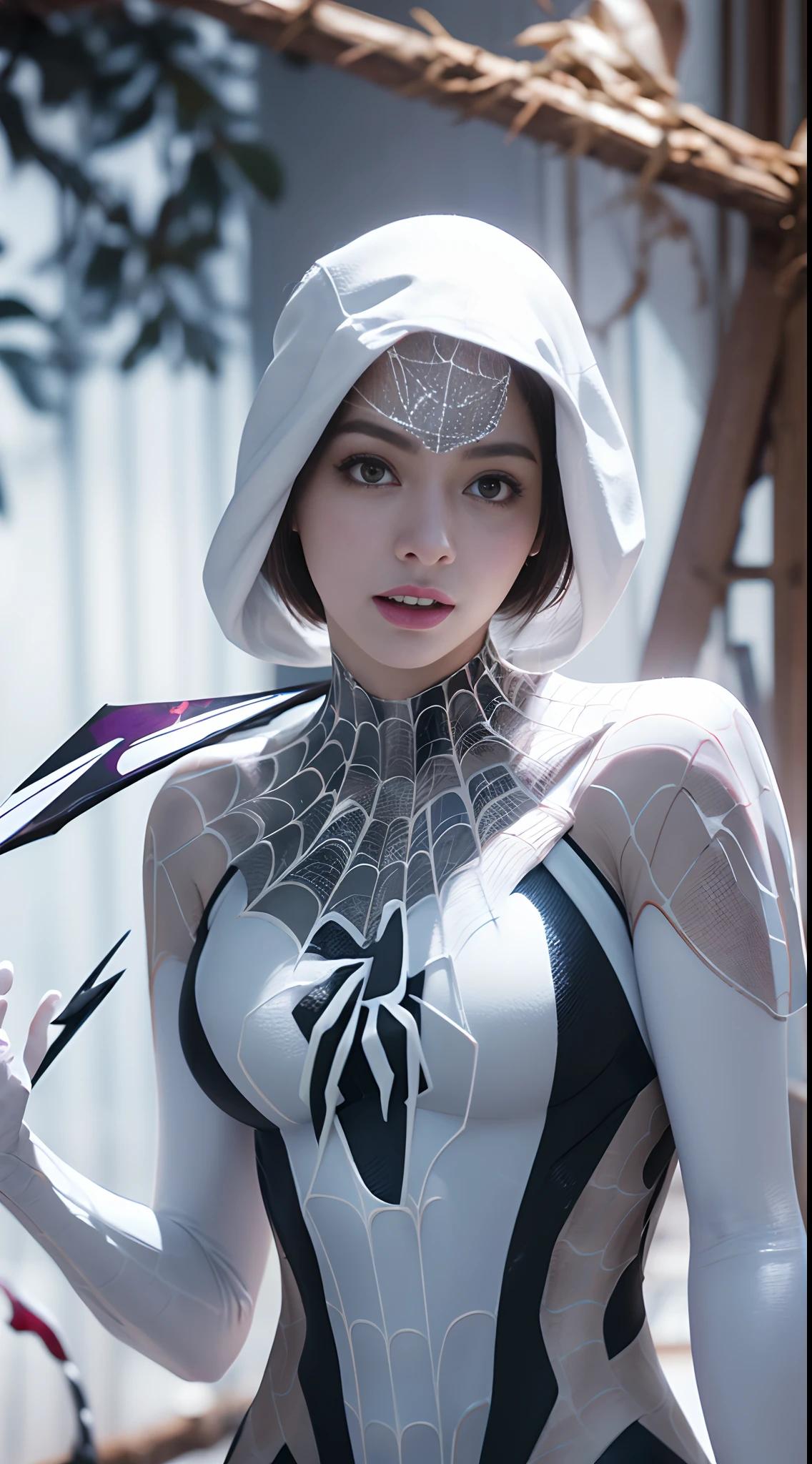(White superhero theme, carismatic, hay una chica en la parte superior de la ciudad, vestida con el disfraz de Spider-Man, is a superhero), [ ((25-years old), (cabello largo y blanco: 1.2), cuerpo completo, (ojos azules: 1.2), ((poner el Spider-Man), show of force, saltar de un edificio a otro), ((entorno urbano arenoso): 0.8)| (paisaje urbano, Por la noche, dinamic lights)Hermosos ojos azules claros realistas; hermosos dientes blancos, sonrisa feliz, atractivo, Create the most beautiful perfect face in the world at large, pintado a mano, meticulosamente detallado, the highest picture quality, 3D 8K, piel blanca perfecta, hermoso aspecto, Multicolor Liquid Acrylic, Wet marble body, Michael Garmash, Daniel F. Gerhartz, cinematic lighting, escena de cascada, volumetric illumination, Arte limpio y suave, Aventura pulpa suave , Patrones ornamentados, Stylish Organic Frames, surrealismo, Colecciones de obras maestras, colores realistas, Ley Gouache. the highest picture quality, More detailed 8K.motor irreal:1.4,UHD,La mejor calidad:1.4, fotorrealista:1.4, textura de la piel:1.4, obra maestra:1.8,obra-prima, mejor calidad,((manos:1.4)),objeto Objeto], (detailed face features:1.3),(spider gwen:1.4)