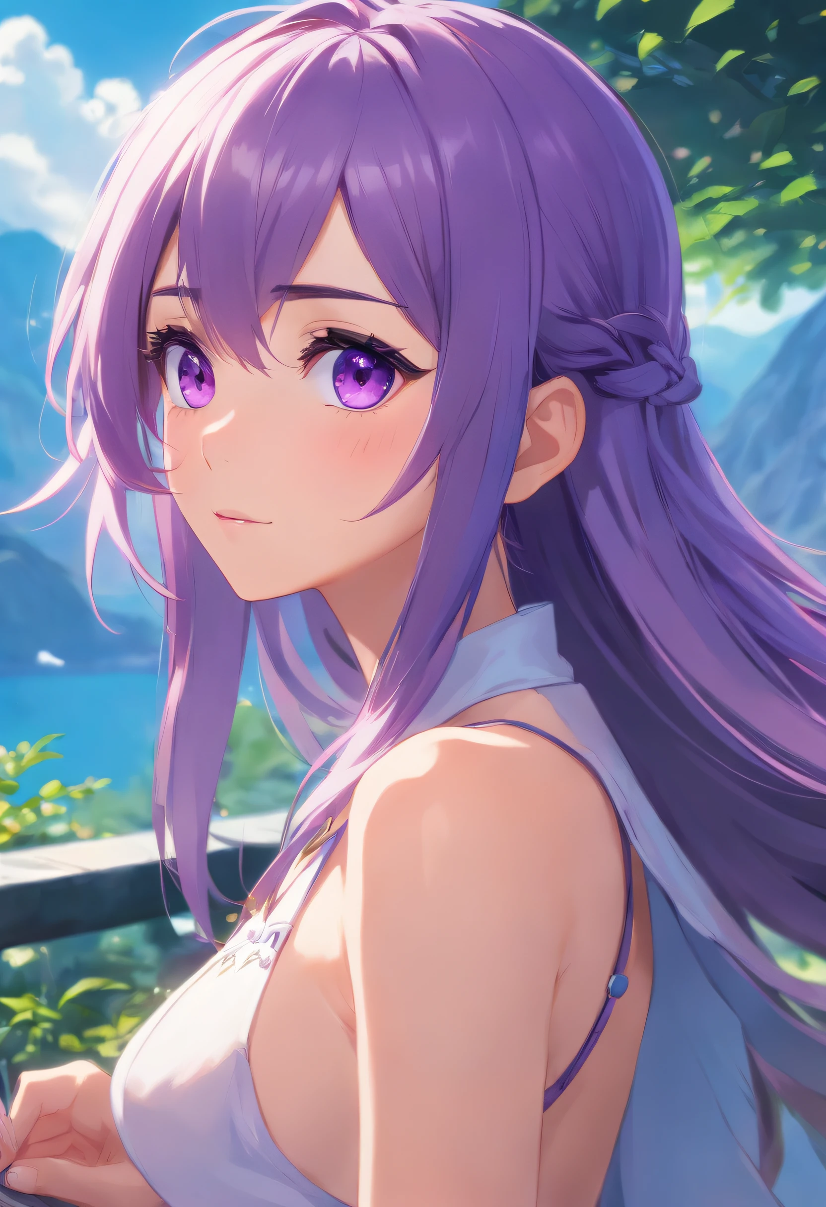 Purple eye，cyanhair，Lazy expression，Western fantasy，Magical fantasy，，the elf，Tall and tall，Beautiful breasts，detail in face