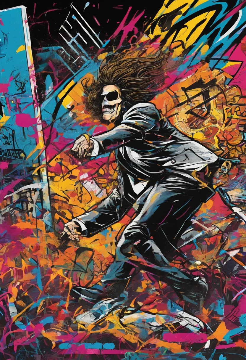A long-haired metal fan beats a man in a suit with thinning hair, Punk rock album cover art style, 1 9 8 0's heavy metal album cover, metal album cover art