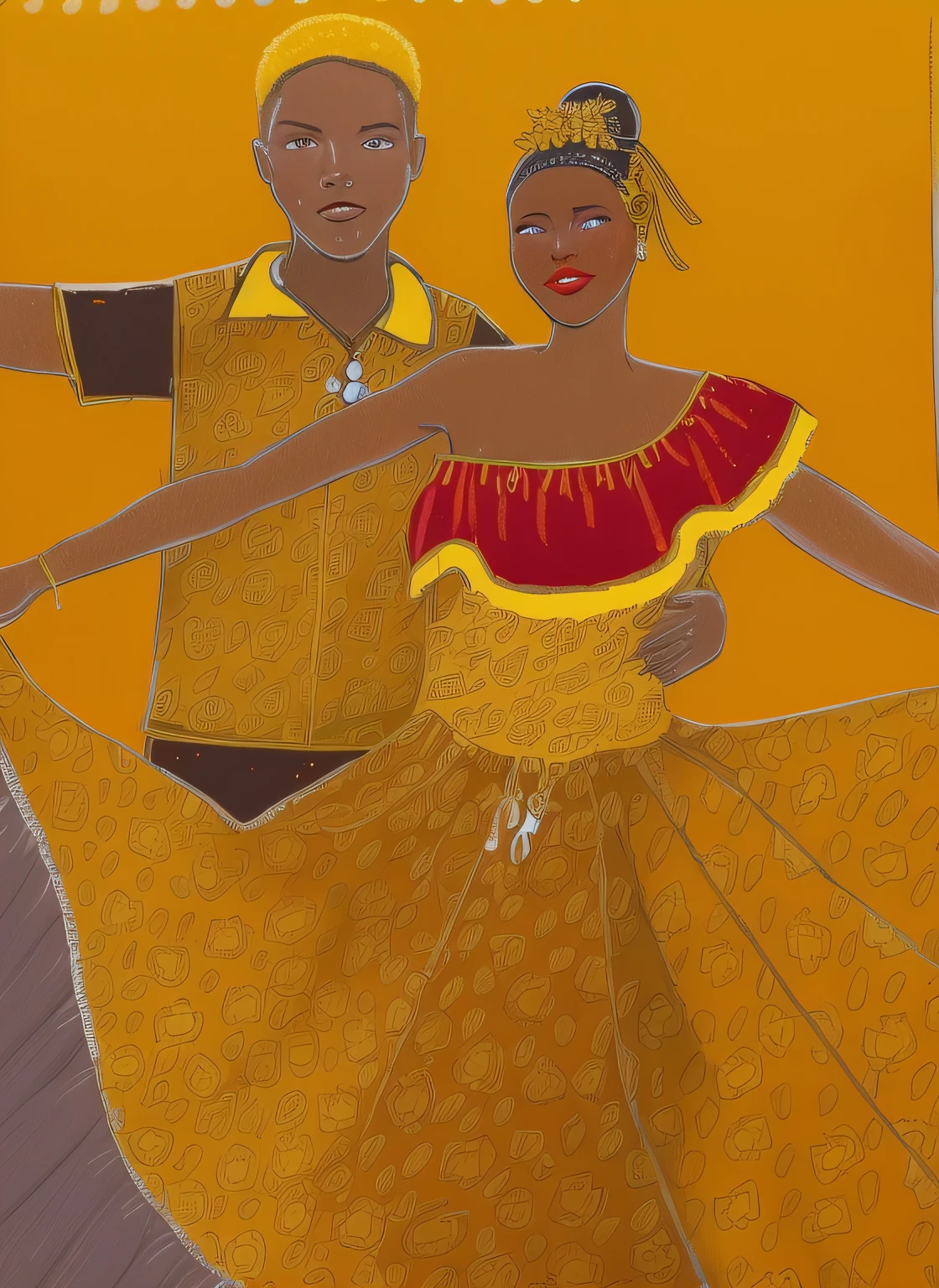 desenho de um homem e uma mulher em um vestido amarelo, folkloric illustration, com panos amarelos, por Ingrida Juniper, usando um vestido africano, Directed by: Daphne Allen, Roupas amarelas, por Ella Guru, ornate patterned people, Directed by: Ellen Gallagher, Ilustrativos!!, Directed by: Chinwe Chukwuogo-Roy, traditional clothing, senhora usando vestido amarelo