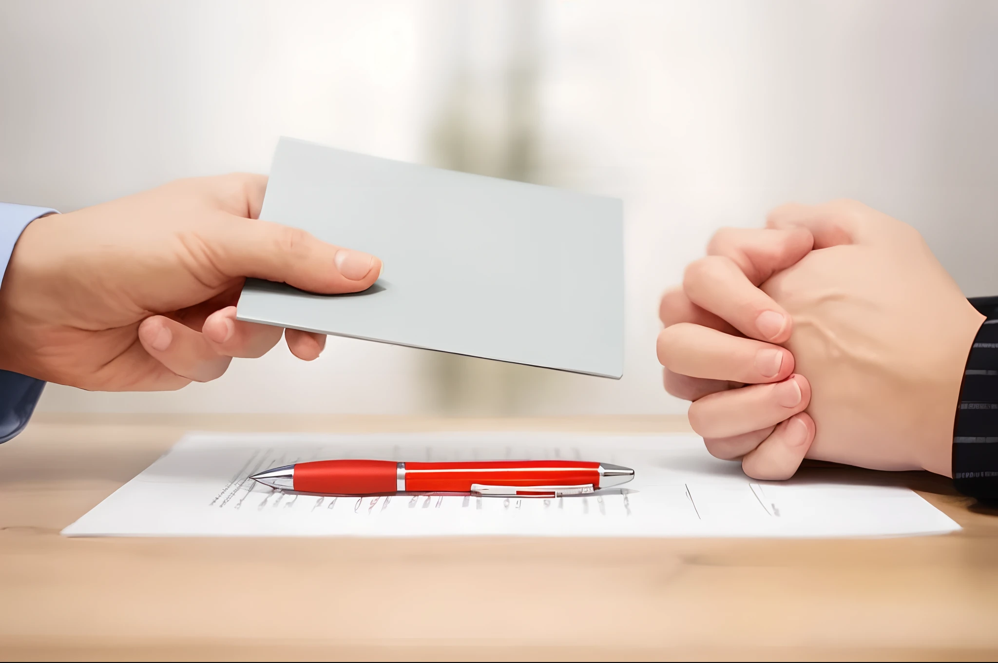someone is holding a business card and a pen in their hands, hand on table, interesting angle, back of hand on the table, signing a bill, corrected hand, holding notebook, amazingly composed image, across holding a hand, accurate depiction, photo - shot, high quality picture, detailed picture, very professional, wide establishing shot, giving an interview, papers on table