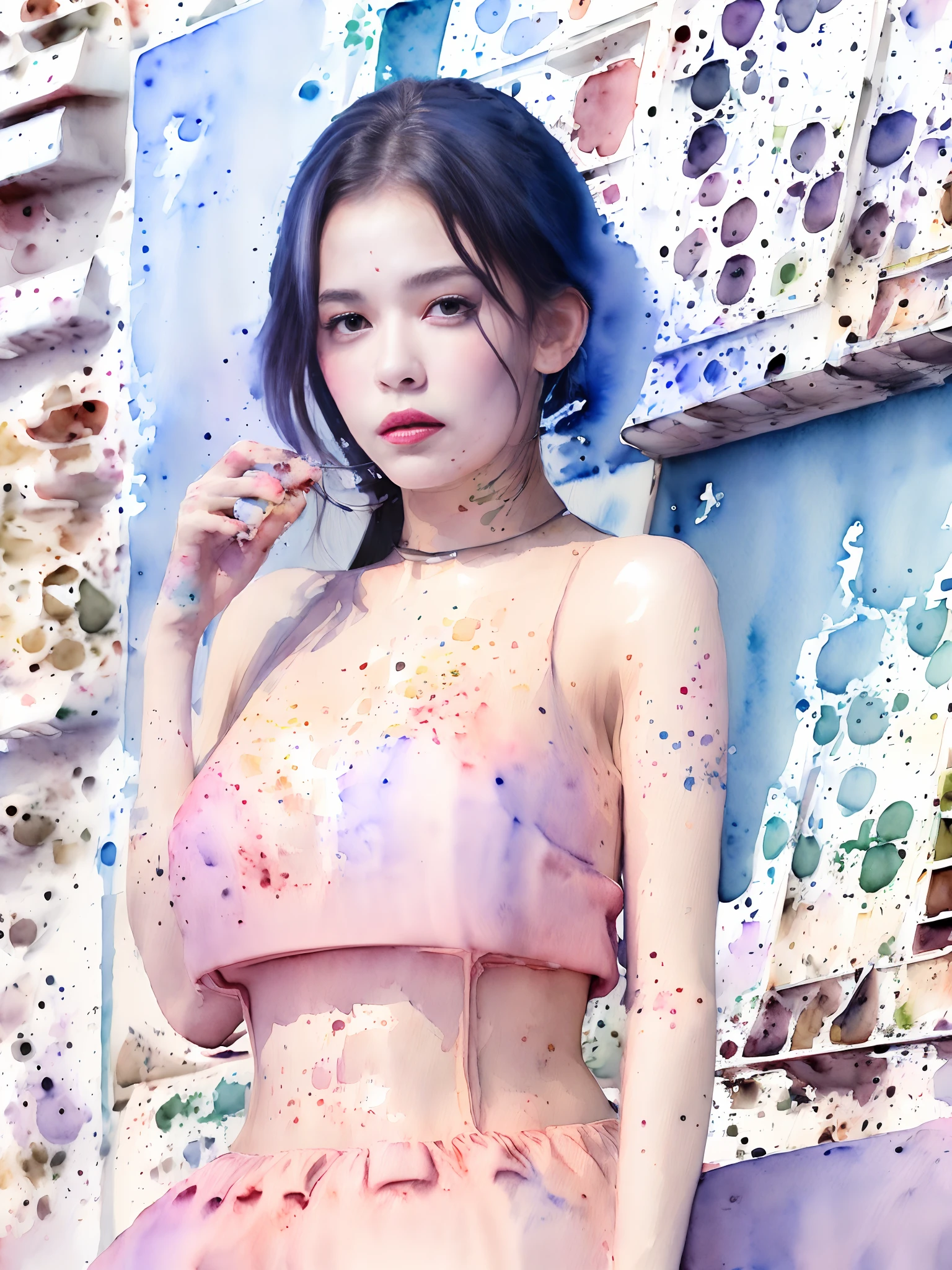 (Watercolor style:1.85),Young Sensual Gravure Idol、beautiful girls face、Young cute gravure idol、奈良美智、Young Gravure Idol、If々Japan Girl、Close up of Rain Iwakura、Pull Shorthair、Photos taken with Sony A7R,undergarment:1.3,(huge-breasted:1.2),((Top image quality、8K、masuter piece、:1.3))、Super fine face、Ultra Fine Lips、Fine Eye、二重まぶた、full body Esbian、Ultra-fine lips、Breakdown、二重まぶた:1.2(Photorealsitic、Raw photography、top-quality:1.4)、Al Eyes、beautidful eyes、(real looking skin)、Beautiful skin、The ultra -The high-definition、the golden ratio、(1 girl in)、