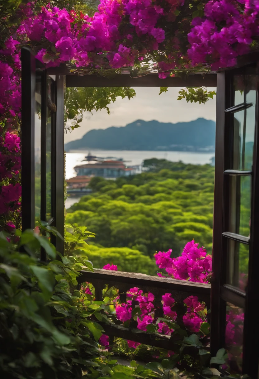 masuter piece、12K、Morning in Singapore、Luz Divina、Beautiful scenery from the window、Impression of a dream、Clear blue sky、Dark green grove、Bougainvillea bright purple、green grass々and the coast、Rembrandt