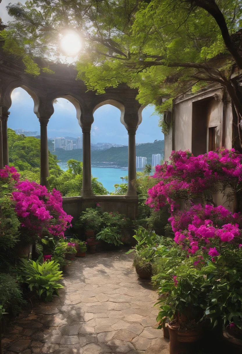 masuter piece、12K、Morning in Singapore、Luz Divina、Beautiful scenery from the window、Impression of a dream、Clear blue sky、Dark green grove、Bougainvillea bright purple、green grass々and the coast、Rembrandt