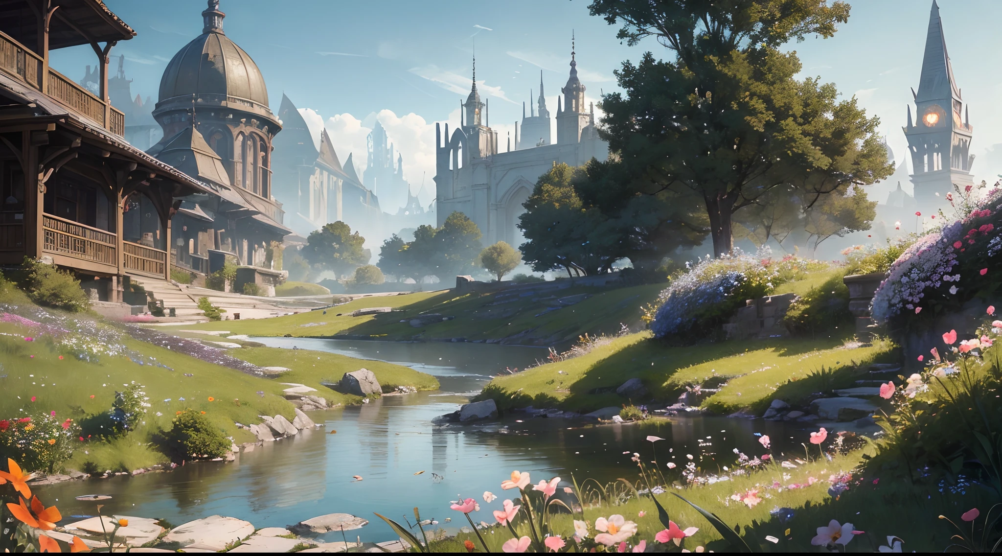 "(by Greg Rutkowski: 1.2), (masterpiece), (best quality), extremely delicate and beautiful, illustration, (fantasy landscape), A mesmerizing fantasy landscape with enchanting elements blending seamlessly. ((Meadowlands vibrant with flowers)), A sense of tranquility and wonder fills the air, inviting exploration and discovery. Providing a distant view that captures the grandeur and atmosphere. From Brian Froud and Carne Griffiths and Wadim Kashin and John William Waterhouse, 8K post-production, high resolution, hyperdetailed, depth of field, HDR, intricate"