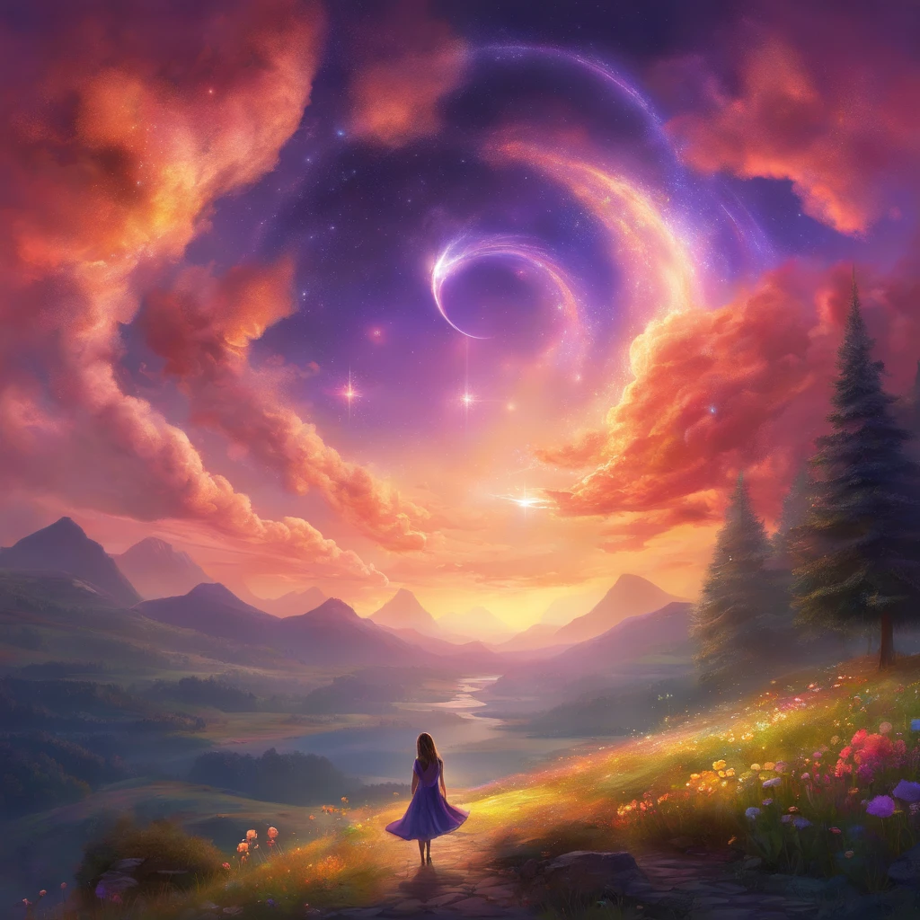 Expansive landscape photography, (See the sky and the open countryside below below), A girl standing on a flower field looking up, (Take the keys: 1.2), (meteors: 0.9), (Starcloud: 1.3), Far Mountain, tree-breaking production art, (Warm light source: 1.2), (Firefly: 1.2), lightbulb, Very purple and orange, intricately details, Volumetriclighting, BREAK Realism (tmasterpiece: 1.2) , (best qualityer), 4K, ultra - detailed, (Dynamic synthesis: 1.4), Highly detailed color detail, (Irridescent color: 1.2), (Bright lighting, Atmospheric illumination), visionary, magia, (Solo: 1.2)