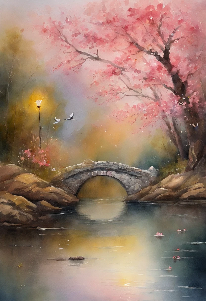 Tanabata's Romantic Valentine's Day Poster,Um homem e uma mulher se beijam em uma ponte de madeira,Peach blossoms bloom on both sides of the river,Countless pink petals fell from the sky,Several magpies flew in the sky,clivagem em close-up