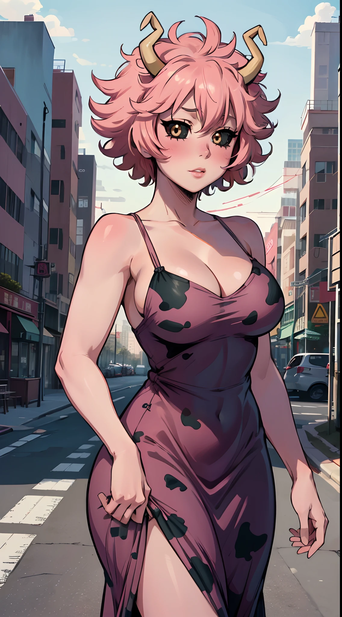 (best quality:1.3), (4k quality), 1 mature woman, Mina Ashido by boku no hero, ((Detailed face)), (blush), city, (cow long dress)