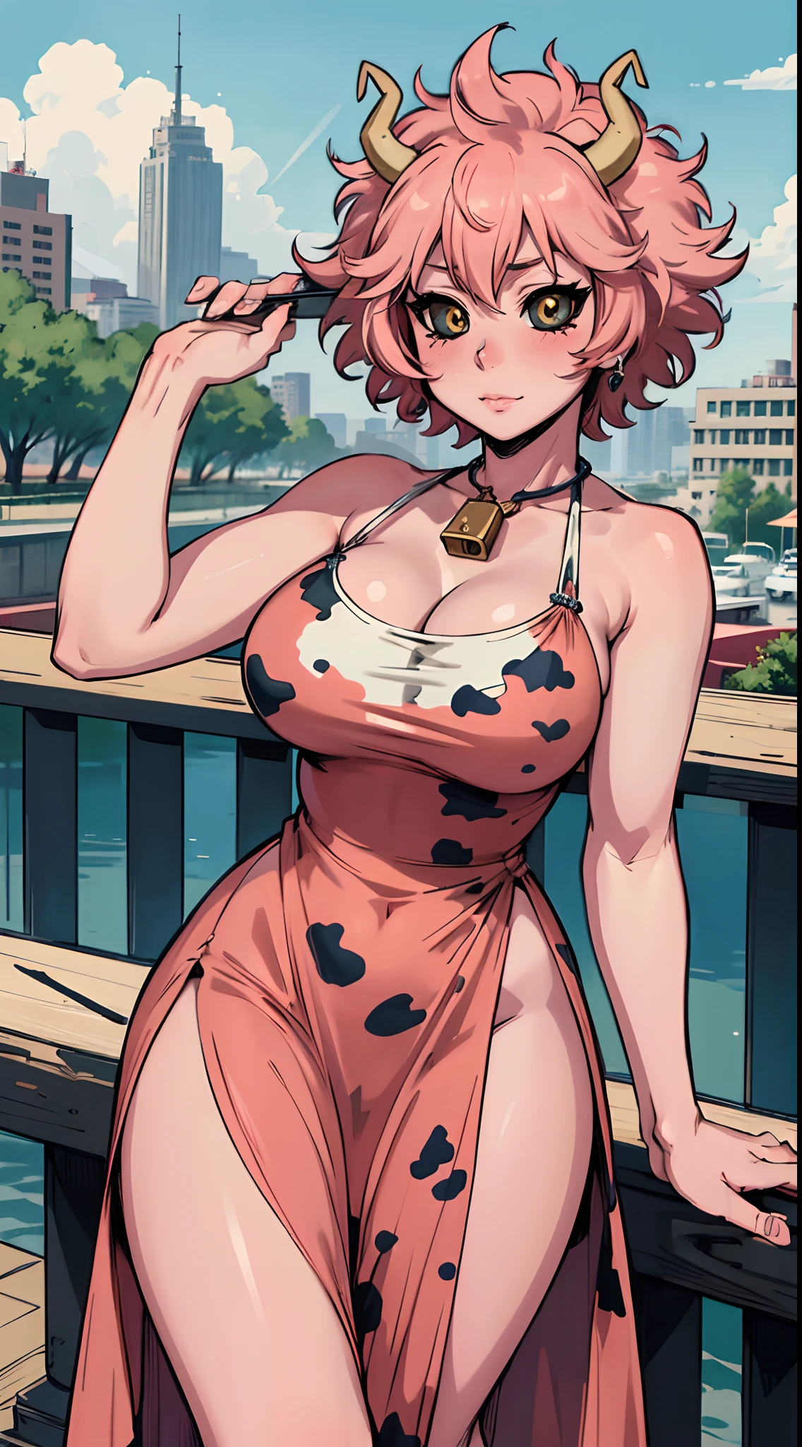 (best quality:1.3), (4k quality), 1 mature woman, Mina Ashido by boku no hero, ((Detailed face)), (blush), city, (cow long dress)