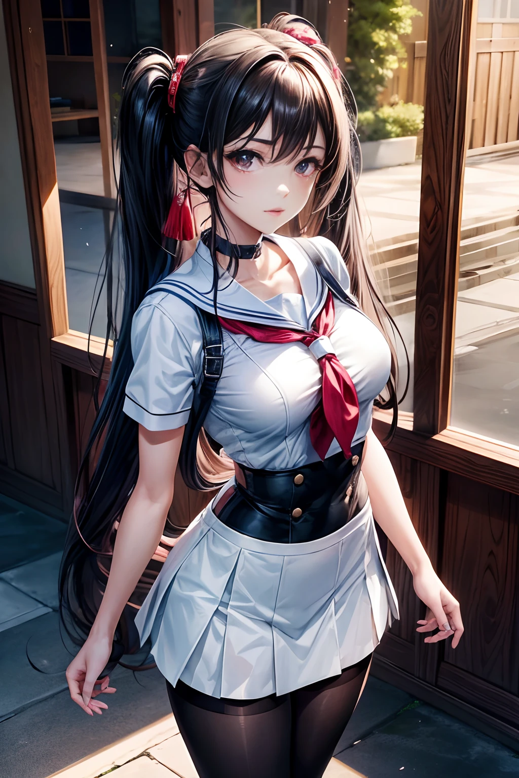(masterpiece, best quality, hires, high resolution:1.2, 4k, 8k , high quality), extremely detailed, realistic, intricate details, highres, 1girl, solo, red long hair, blue eyes, blush, freckles, (large breasts, thick thighs, wide hips), arched back,(cinematic lighting, sunlight, perfect lighting, backlighting), eye-level shot, extreme close-up-shot, naughty look, looking at viewer,           rin_tohsaka_ecsta, tohsaka rin, hair ribbon, black hair, blue eyes, black ribbon, red sweater, black skirt, cross necklace