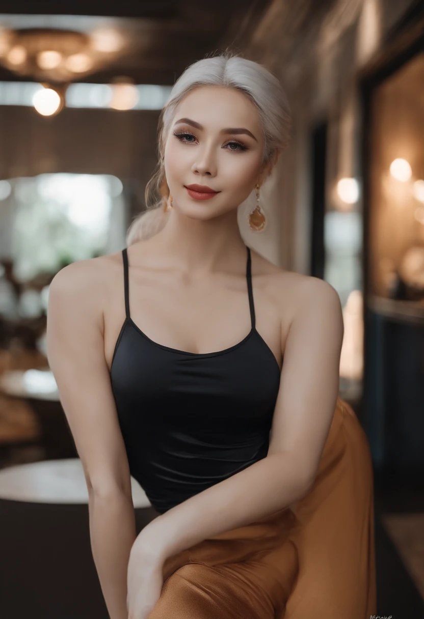 ((best qualtiy,8k,tmasterpiece:1.3)),A tall and beautiful woman,perfect body figure:1.4,D-cups,Slender abs,Dark black hairstyle,Short hair, short hair, short hair,Black tight-fitting top T-shirt,White white yoga pants,,There are no postural movements,Stand straight,Highly Detailed Face and Skin Textur,Detailed eyes,二重まぶた,With a smile on your face
