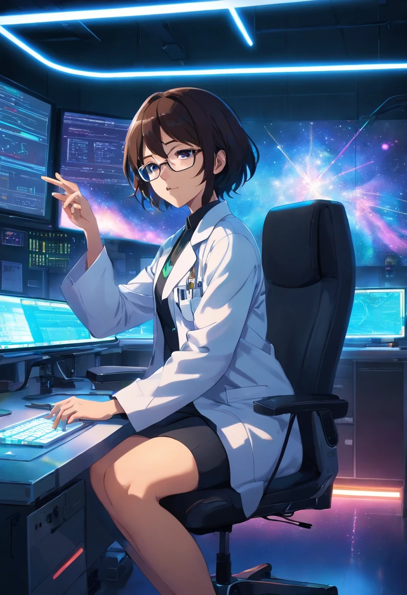 .RAW, wide angle, A man in a dark lab sitting on a chair in front of a futuristic computer screen wears glasses., 50 anos,Pele negra avermelhada, cabelos pretos, cabelos ondulados,shoulder-length hair,Amarre-me.,Tipografia de olho escuro,barba pequena,vestido preto,White lab coat, Coffee mugs are placed on the table., Astronomy Laboratory Show information about stars, hardware, Ambiente Luminoso, neon light, ((cyberpunk))