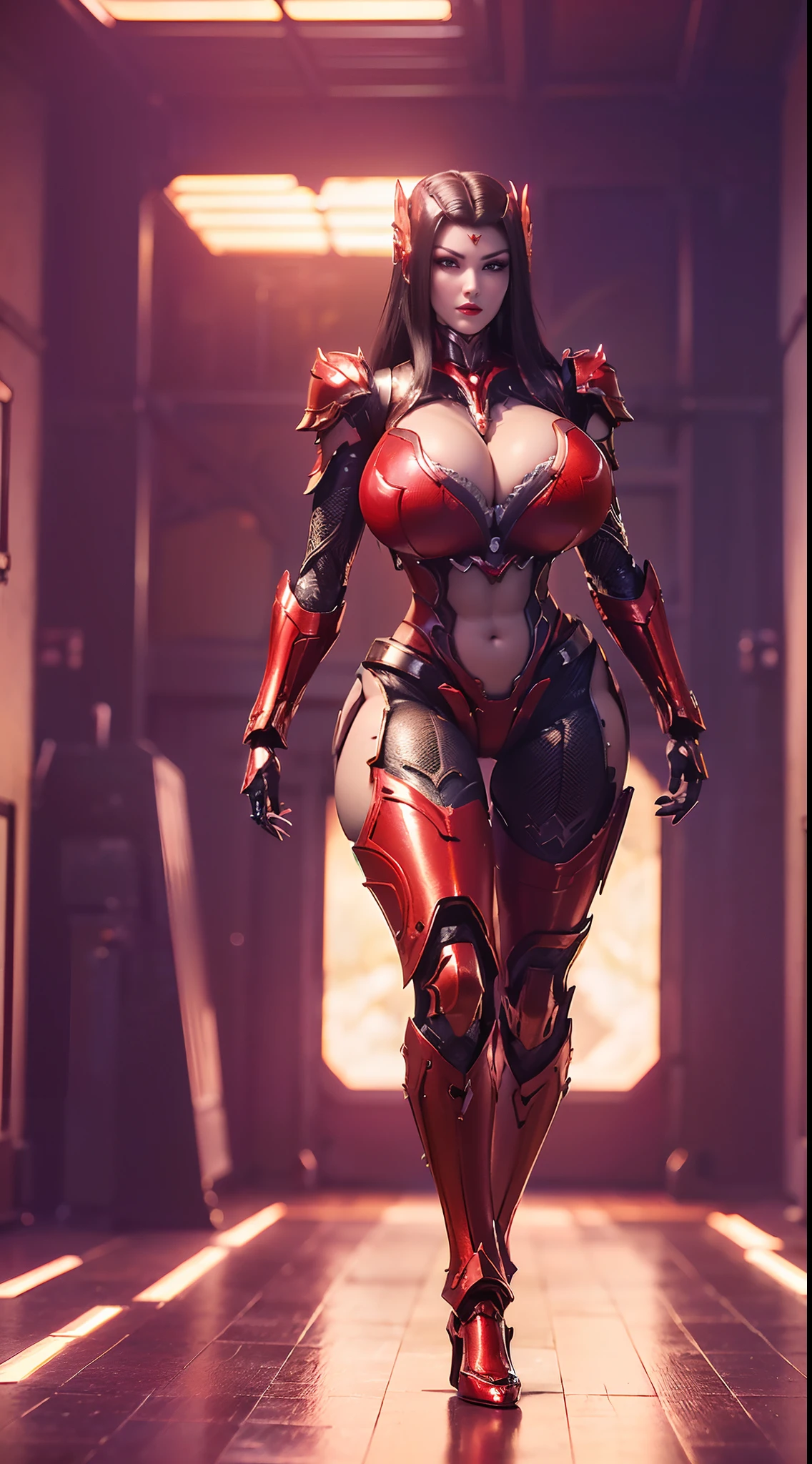 (1GIRL, ALONE, SOLO), (super detailed face), (Phoenix ornament armor: 1), (BIG BUTTOCKS, 11 LINE ABS, CLEAVAGE, HUGE FAKE BREASTS:1.5), (MECHA GUARD ARM:1.3), (RED SHINY MECHA CYBER ARMORED, MECHA SKINTIGHT SUIT PANTS, MECHA GUARD ARMOR LEGS, HIGH HEELS:1.5), (THICC MUSCULAR FEMALE BODY, GLOWING SKIN, SEXY LONG LEGS:1.1), (LOOKING AT VIEWER:1.3), (female focus:0.886), (WALKING DOWN HALLWAY OF FUTURISTIC SPACE STATION:1), (BRIGHT LIGHT ROOM:1.5), SUPER TEXTURE, UNREAL ENGINE RENDER, PHYSICALLY-BASED RENDERING, ULTRA HIGHT DEFINITION, 16K, 1080P.