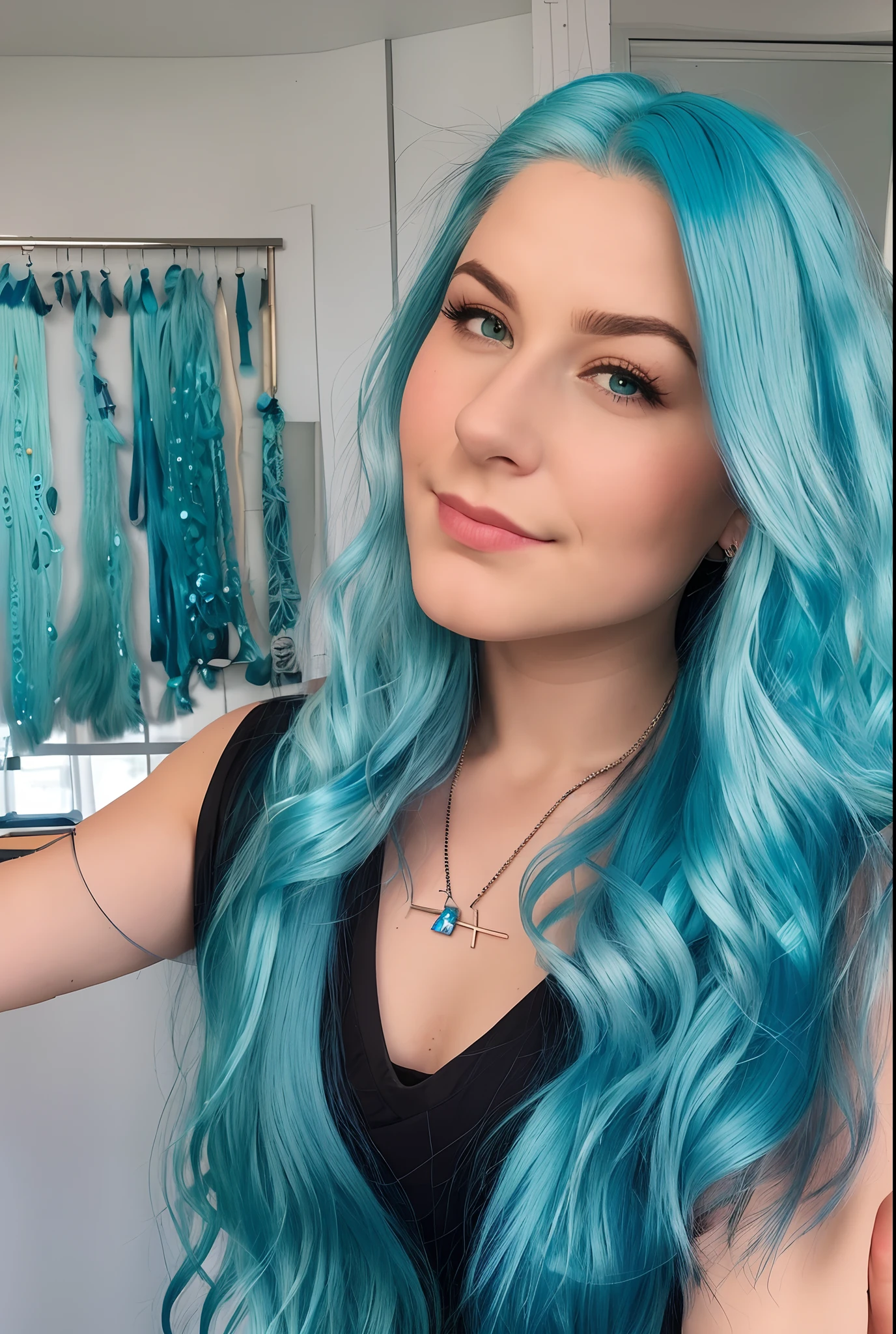arafed woman with long blue hair and a necklace taking a selfie, blue hair with dyed blonde hair, headshot profile picture, profile image, no makeup wavy blue hair, profile picture, flattering blue hair, tessgarman, parted blue hair, balayage, sydney hanson, wavy shoulder-length blue hair, blue long wavy hair, kaitlyn michelle siragusa