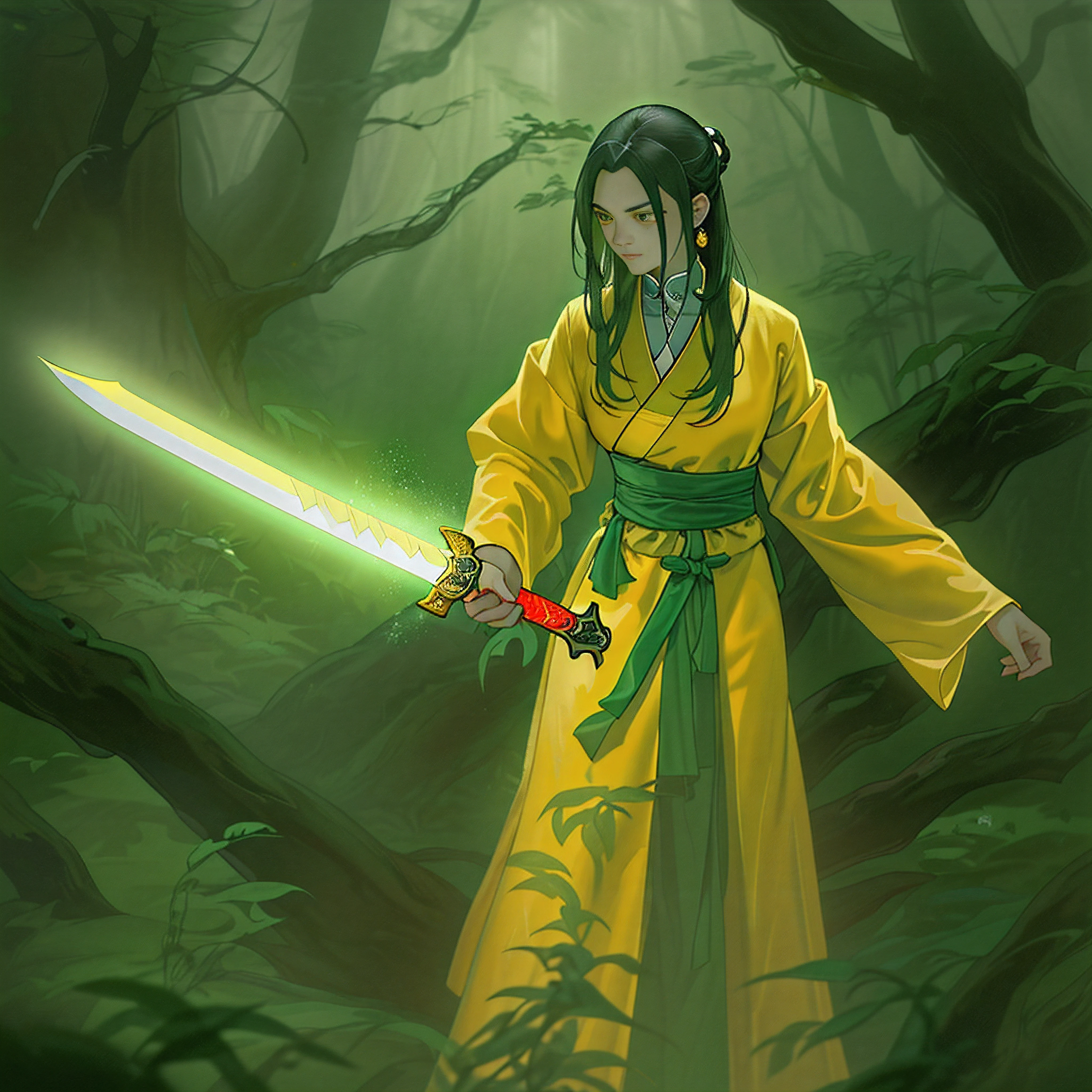 A female Taoist wearing a yellow robe stood in a dim forest, surrounded by thick gloom. The faint glow flickered on her peach wood sword, but it seemed to be bound by an invisible force.