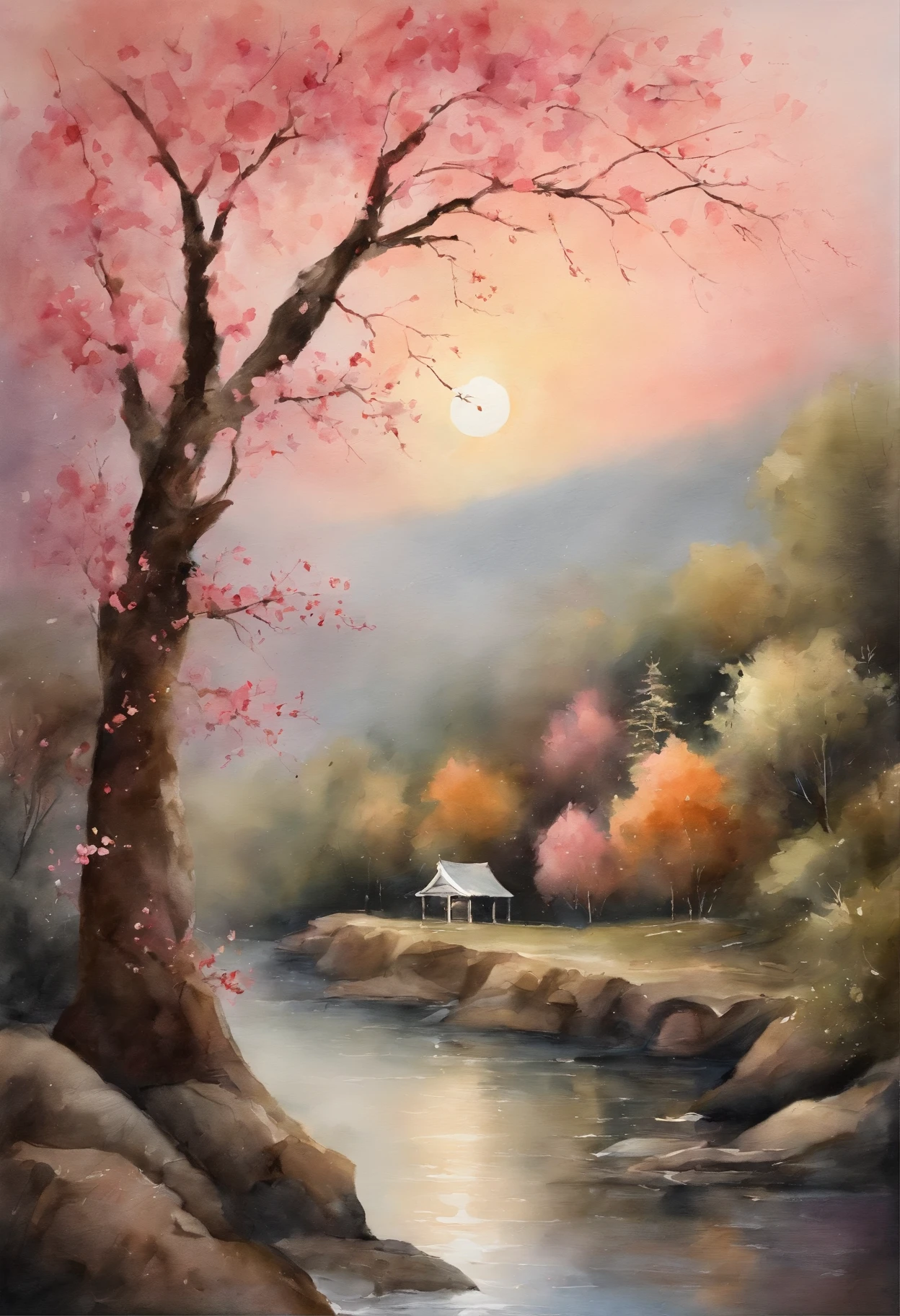 Tanabata's Romantic Valentine's Day Poster,Um homem e uma mulher se beijam em uma ponte de madeira,Peach blossoms bloom on both sides of the river,Countless pink petals fell from the sky,Several magpies flew in the sky,clivagem em close-up