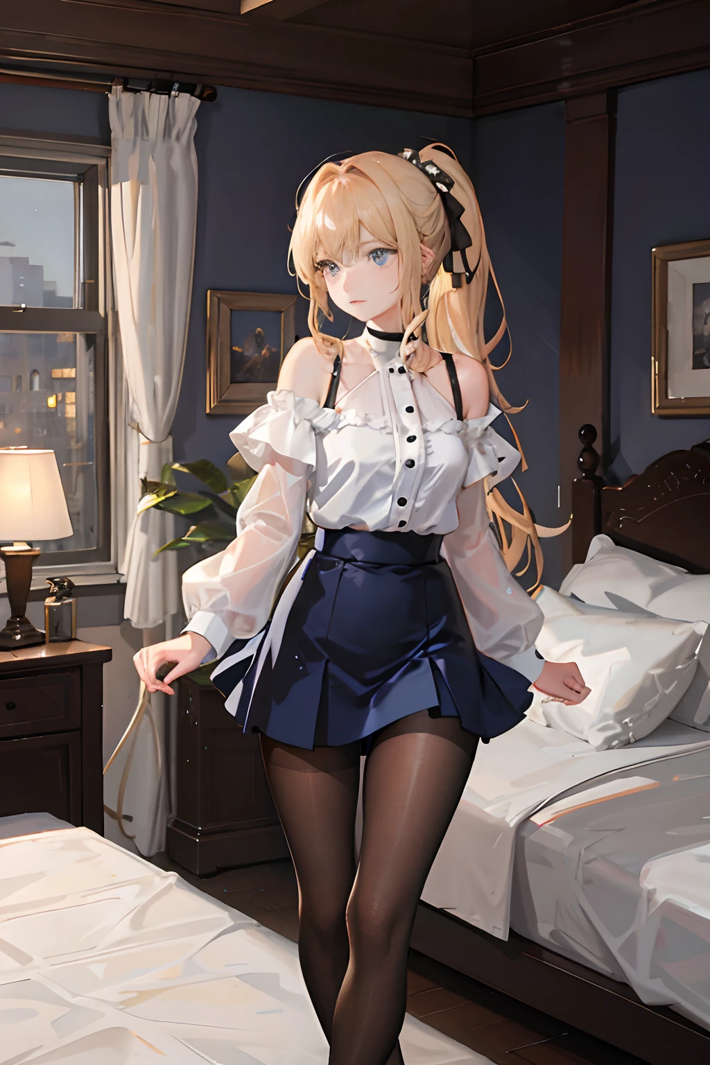 （（（1 girl）），Ray traching，（dim murky lights），[detailedbackground（Bedrooms）），（（Golden hair）），（（Golden hair）），（（（（（Fluffy blonde hair，plump and slender girl））With a double ponytail）））Avoid blue eyes in the ominous bedroom（（（（Girl wears a white top，Short blue skirt，Wear yours with black sheer pantyhose），It shows a delicate and slender figure and beautiful curves