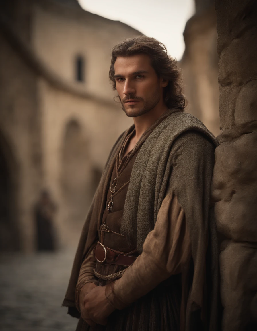 Cinematic portrait, upper body, face, facing the audience, (Reality :1.3), one of the most beautiful artworks in the world, a man looks into the camera, medieval costumes, (old clothes damaged and weathered :1.4), detailed beautiful face, action shooting, ancient city background, realistic photos, CG, Art Station