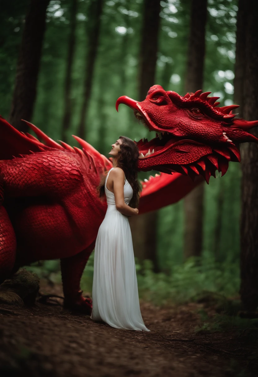 beautiful woman in the forest with a red dragon