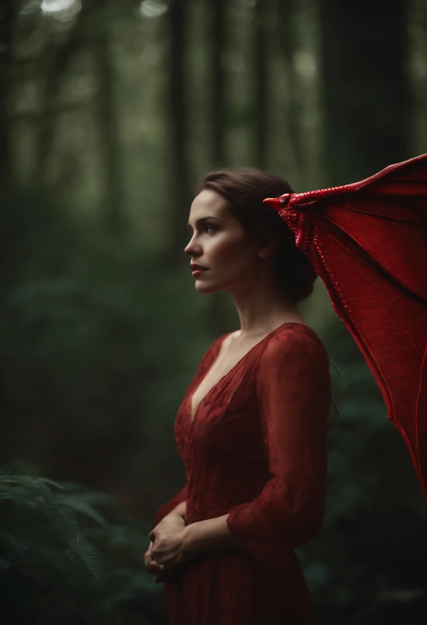 beautiful woman in the forest with a red dragon