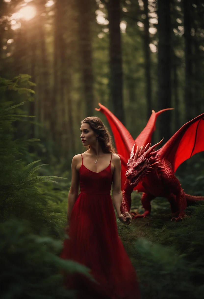 beautiful woman in the forest with a red dragon