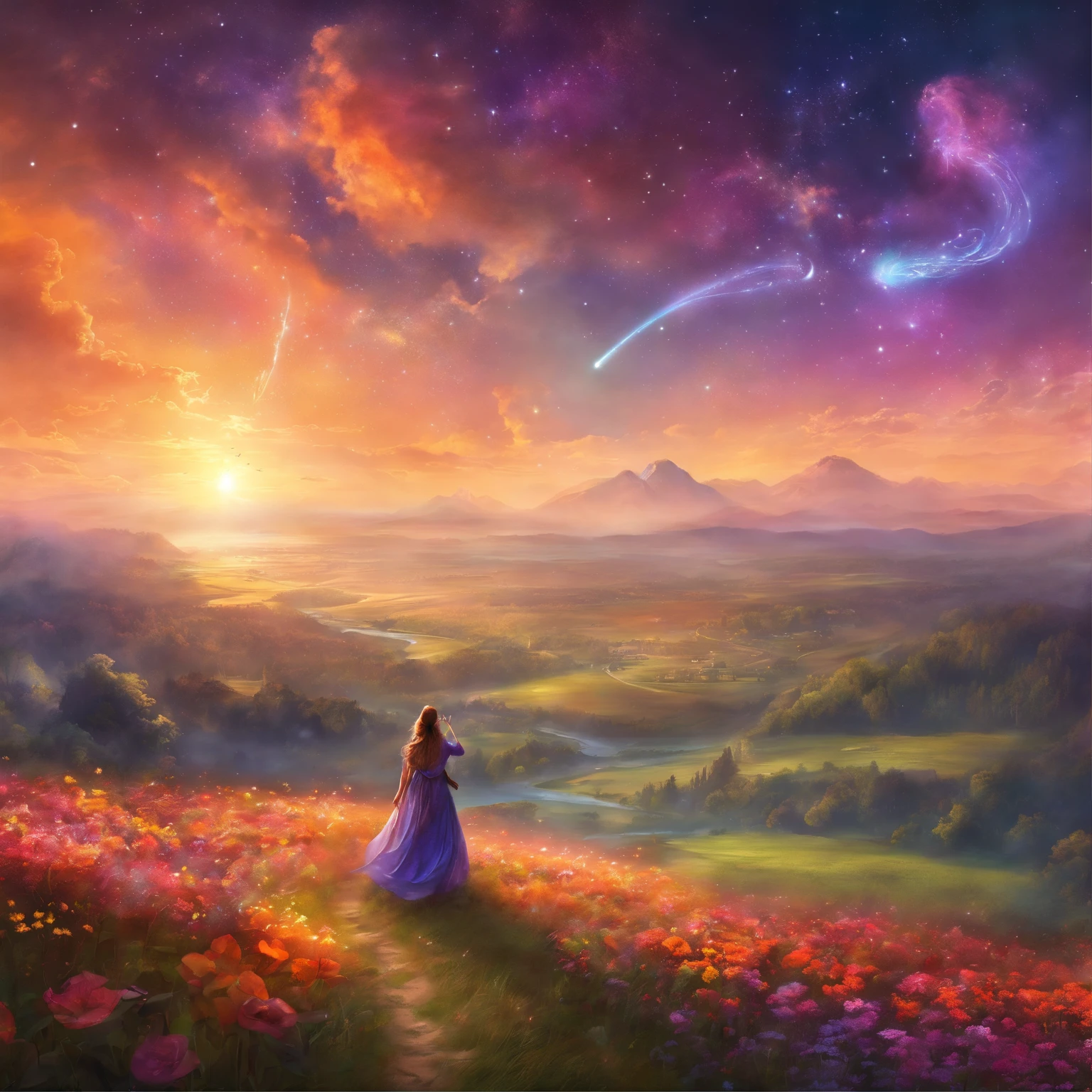 Expansive landscape photography, (See the sky and the open countryside below below), A girl standing on a flower field looking up, (Take the keys: 1.2), (meteors: 0.9), (Starcloud: 1.3), Far Mountain, tree-breaking production art, (Warm light source: 1.2), (Firefly: 1.2), lightbulb, Very purple and orange, intricately details, Volumetriclighting, BREAK Realism (tmasterpiece: 1.2) , (best qualityer), 4K, ultra - detailed, (Dynamic synthesis: 1.4), Highly detailed color detail, (Irridescent color: 1.2), (Bright lighting, Atmospheric illumination), visionary, magia, (Solo: 1.2)