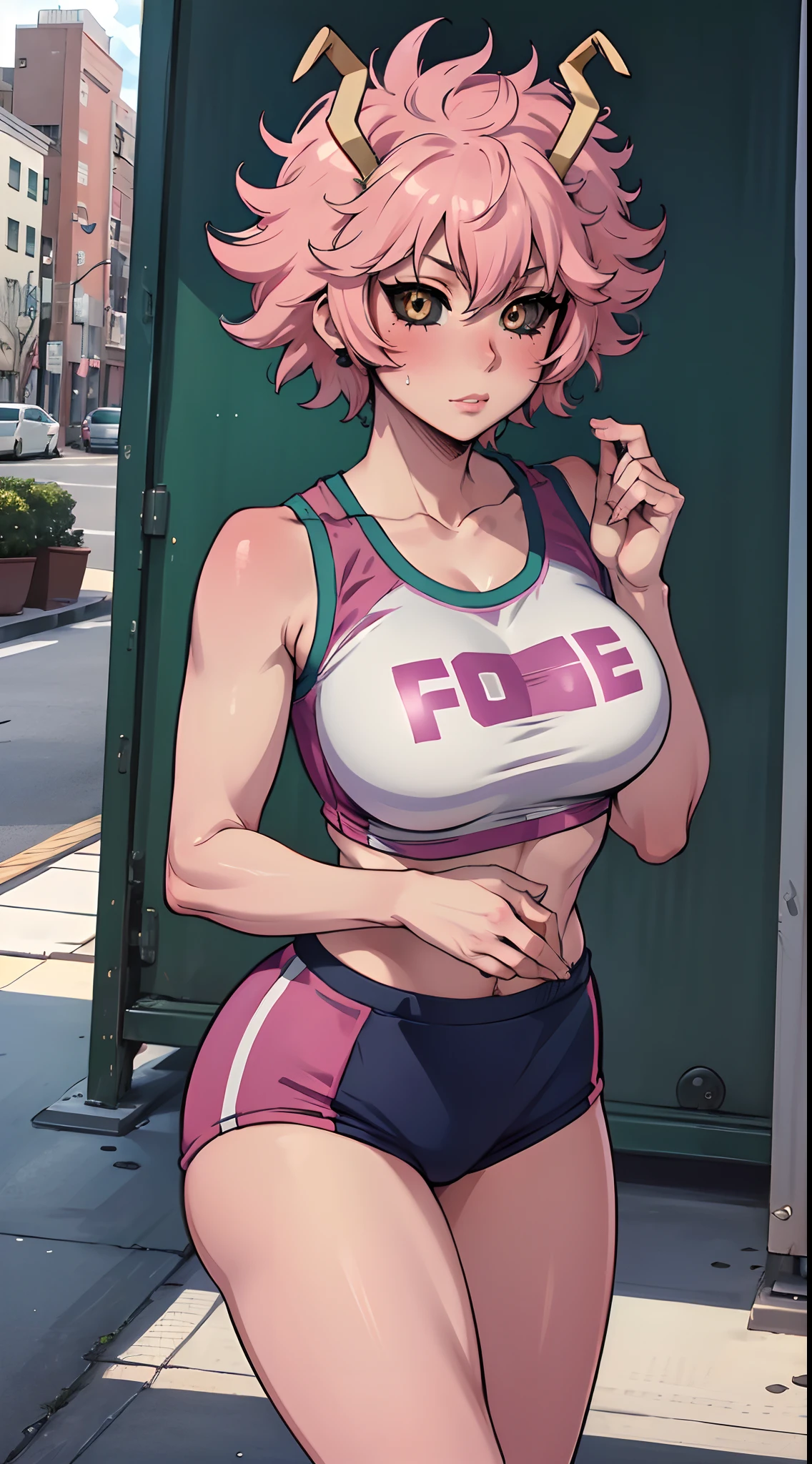 (best quality:1.3), (4k quality), 1 mature woman, Mina Ashido by boku no hero, ((Detailed face)), (blush), city, (gym clothing)