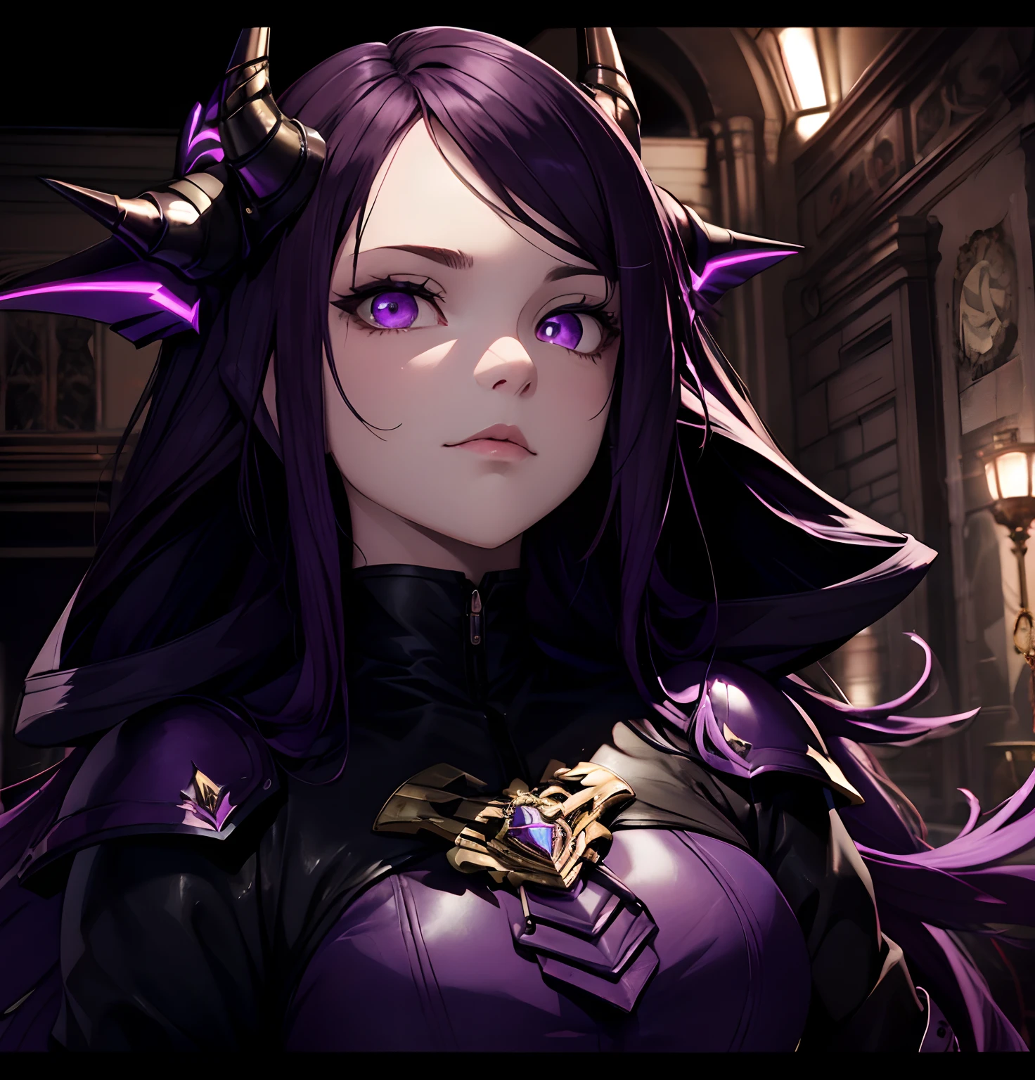 (dunkel,gotisch,beautiful,artistic),Purple and Black Cyb Armor with Purple Neon Light ,long black hair with purple highlights,Detailed purple and black wings,black horns,durchdringende rote Augen,High-resolution 8K image,dark and mysterious background,Lebendige Farben,Unendliche Dunkelheit,somber atmosphere, Goldene Verzierungen