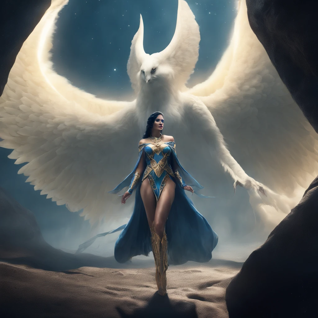 (masterpiece, top quality, best quality, official art, beautiful and aesthetic:1.2), (1girl:1.3), dark blue hair in braid, extremely detailed, portrait, looking at viewer, solo, (full body:0.6), detailed background, close up, (cool science fiction space theme:1.1), ((((blue skin)))), extremely busty alien sorceress, charlatan, mysterious, casting spells in space, four arms, revealing white and gold robes, veil, hood, fingerless gloves, long gloves, glowing magical energy, white blindfold, elaborate headdress, golden ceremonial winged crown, sheer white fabric, elegant robes, skirts, streamers, cowl, cape, sandals, bracers, ((((four arms, gigantic breasts, cleavage, skindentation)))), slim waist, slim hips, long legs, athletic, SPACE, futuristic moon, (space exterior:1.1) background, dark mysterious lighting, shadows, magical atmosphere, dutch angle