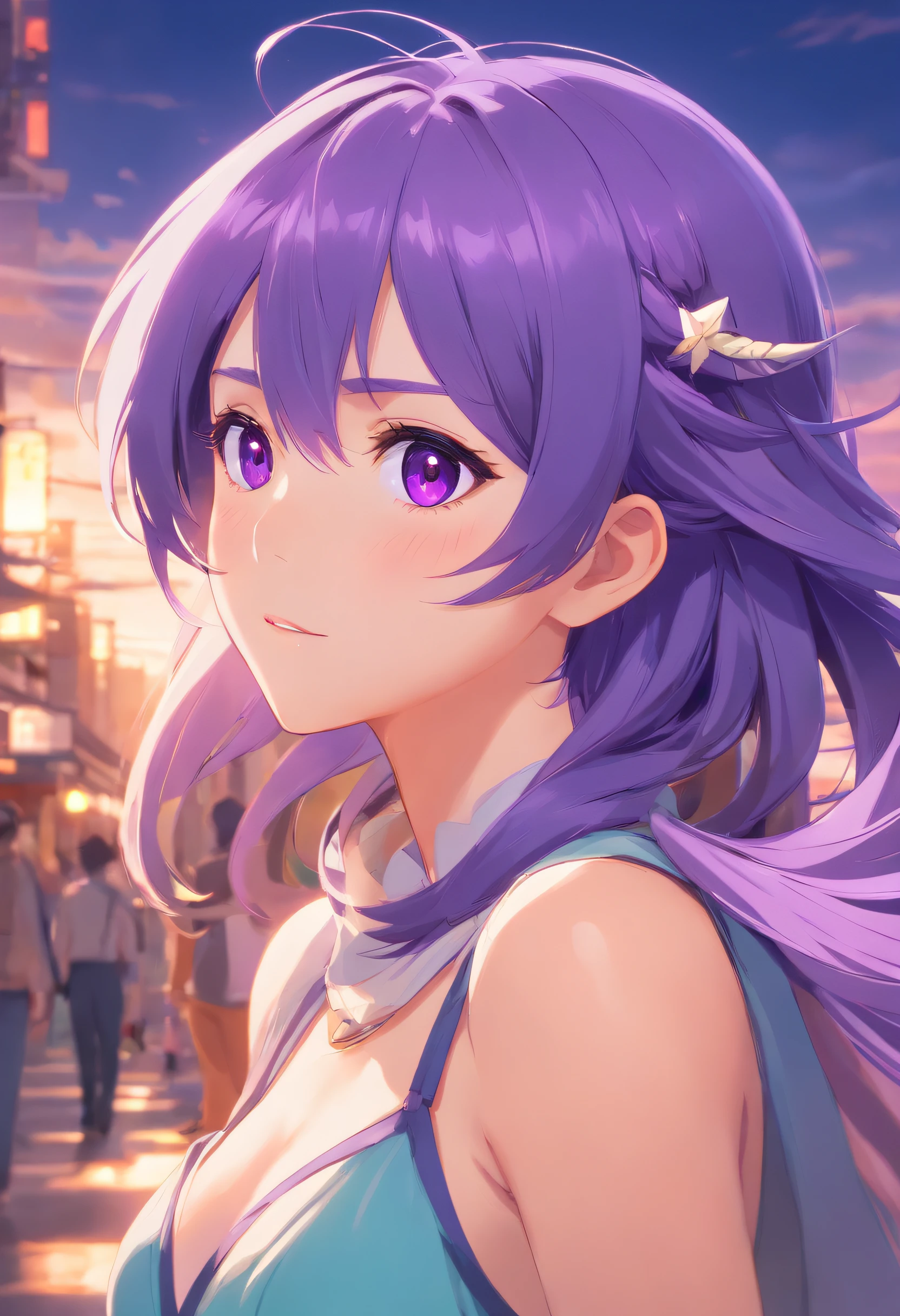 Purple eye，cyanhair，Lazy expression，Western fantasy，Magical fantasy，，the elf，Tall and tall，Beautiful breasts，detail in face
