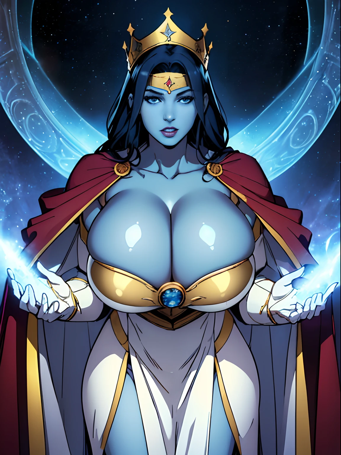 (masterpiece, top quality, best quality, official art, beautiful and aesthetic:1.2), (1girl:1.3), dark blue hair in braid, extremely detailed, portrait, looking at viewer, solo, (full body:0.6), detailed background, close up, (cool science fiction space theme:1.1), ((((blue skin)))), extremely busty alien sorceress, charlatan, mysterious, casting spells in space, four arms, revealing white and gold robes, fingerless gloves, long gloves, glowing magical energy, blindfold, elaborate headdress, golden ceremonial winged crown, sheer white fabric, elegant robes, skirts, streamers, cowl, cape, sandals, bracers, ((((gigantic breasts, cleavage, skindentation)))), slim waist, slim hips, long legs, athletic, SPACE, futuristic moon, (space exterior:1.1) background, dark mysterious lighting, shadows, magical atmosphere, dutch angle