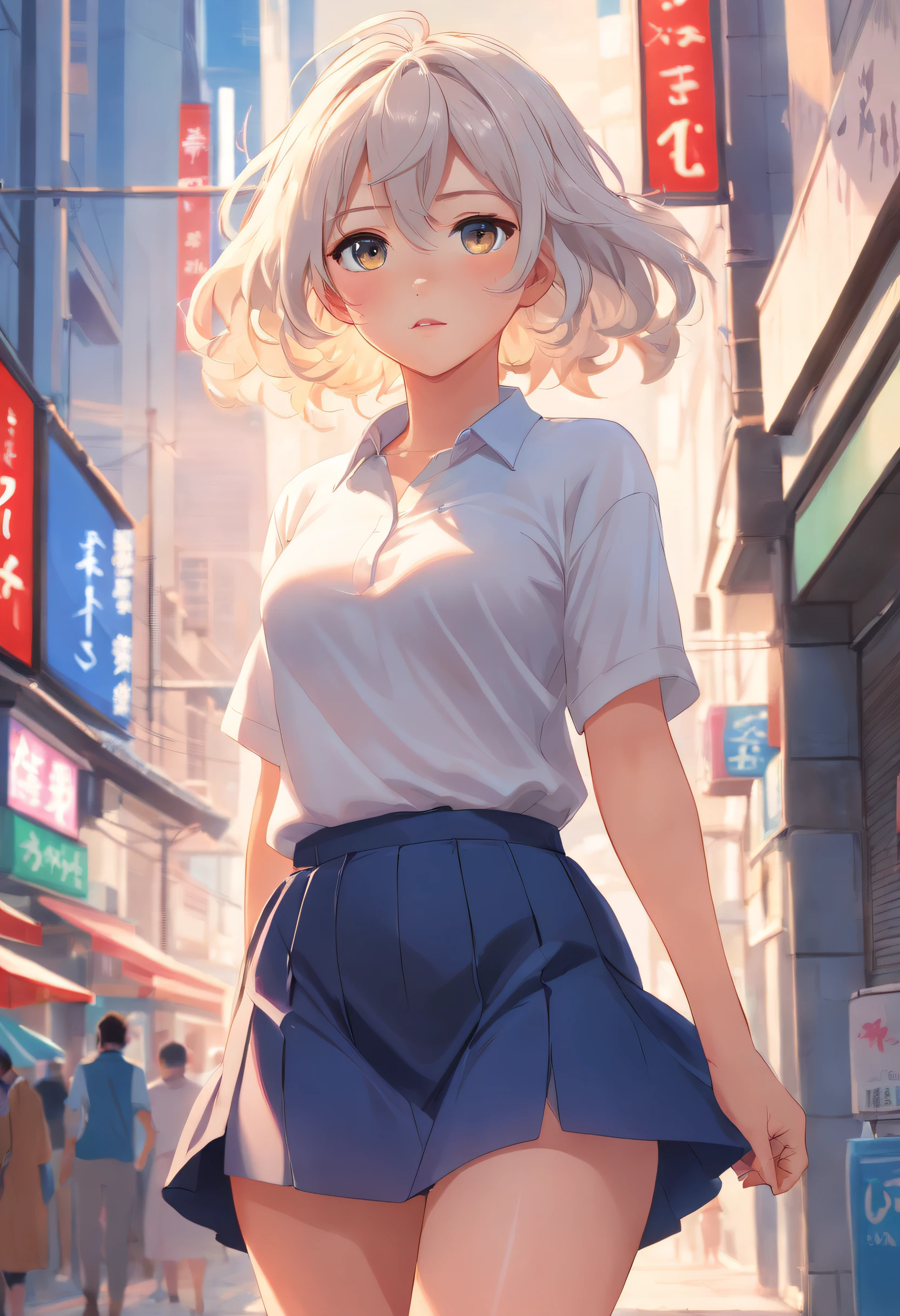 Realistic, high resolution, 1 girl, White wavy hair, Korean, Heterochromatic glowing eyes, Small moles under the eyes, Loose white shirt, Tight long skirt, Large breasts, Thighs, Panties are a masterpiece, Realism