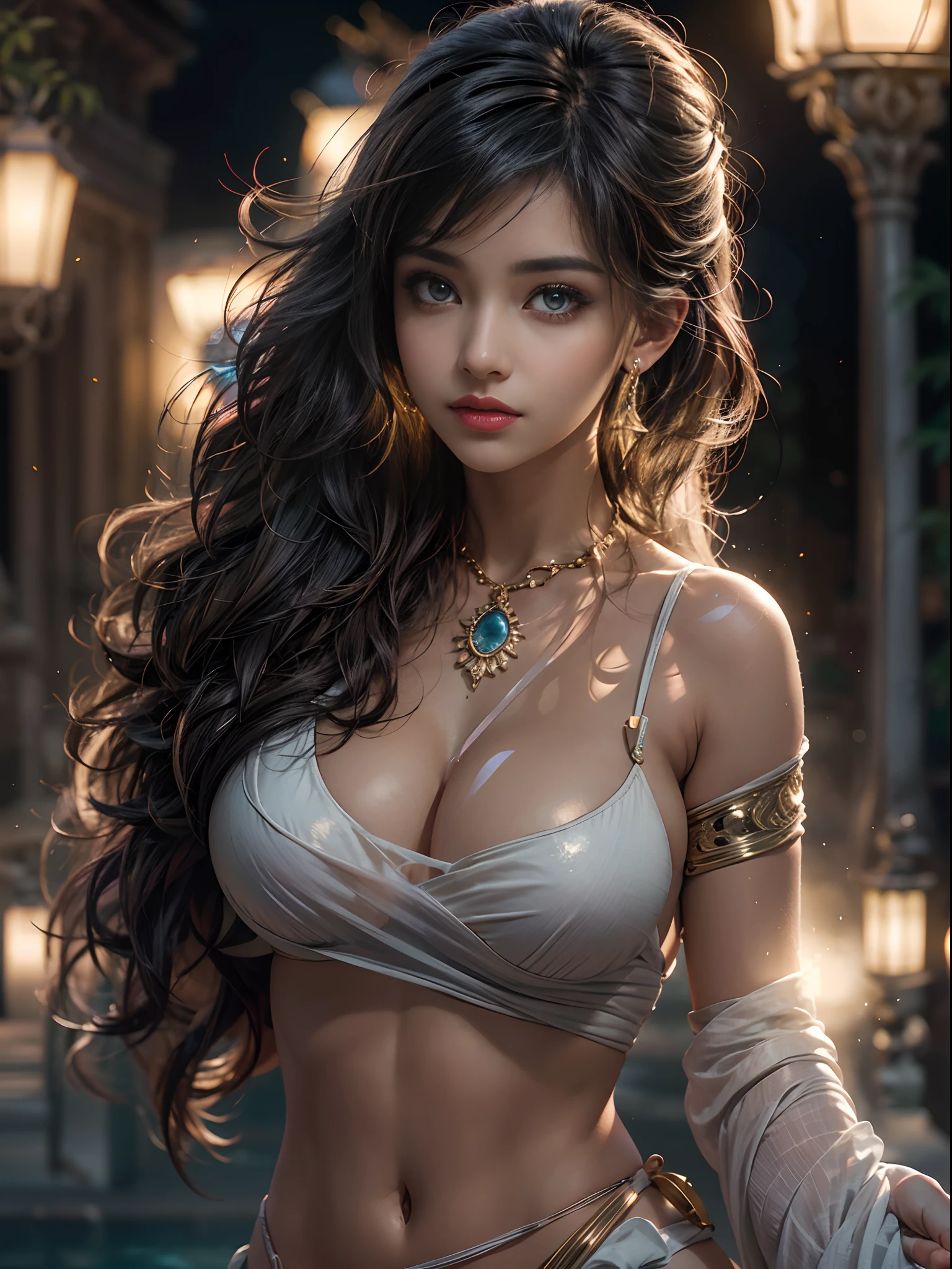 walking in a moonlit courtyard, exotic girl, indian, looking at the viewer, shining skin, perfect lighting, the embodiment of grace and elegance, (bikini), (Big Tits:1.3), clear curvy details, beautiful curves, detailed eyes, detailed pupil, Ultra Detailed, unity 8k wallpaper, ultra detailed, aesthetic, masterpiece, best quality, photorealistic