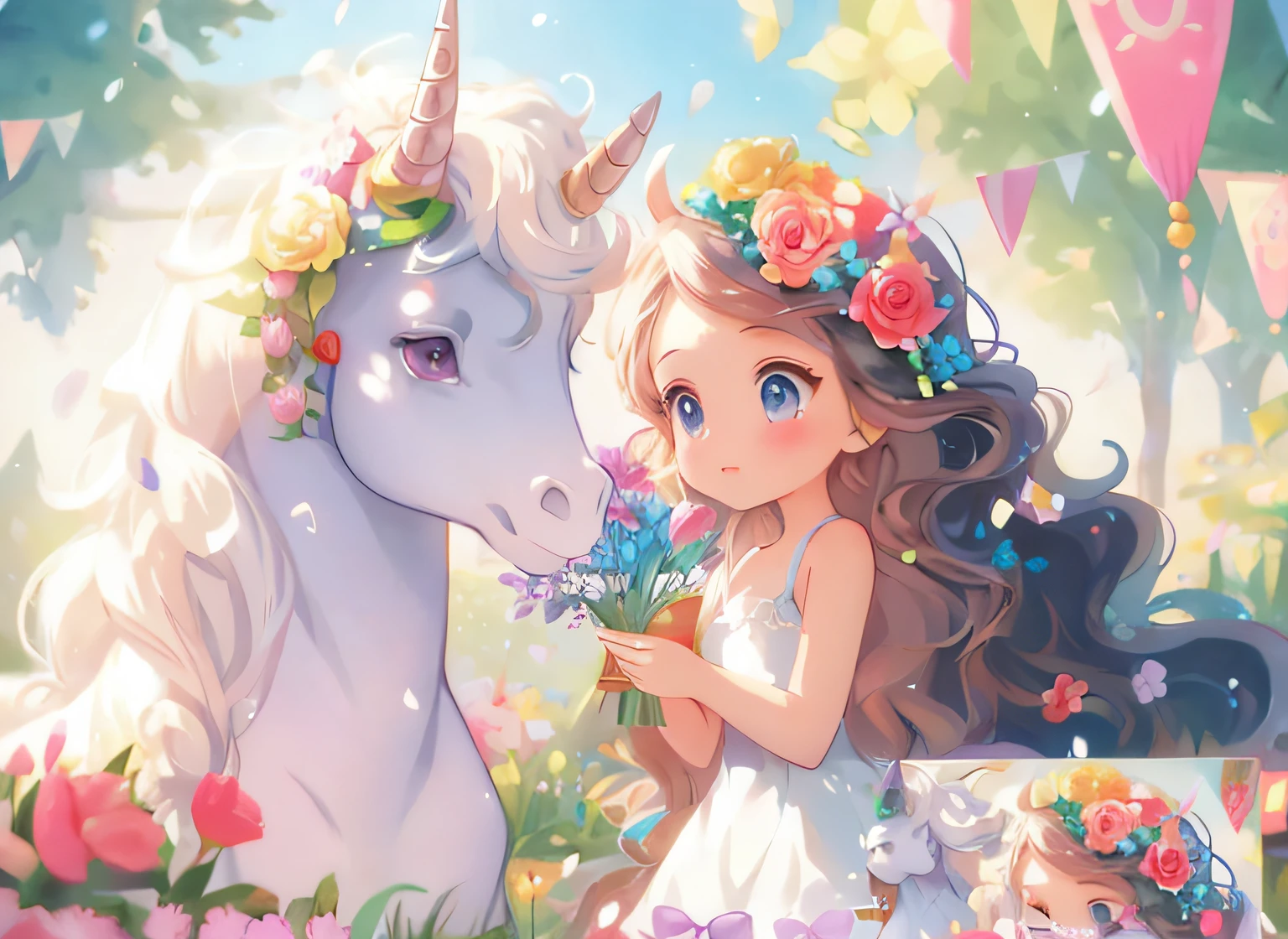 There is a girl and a unicorn in the flower field, Cute detailed digital art, adorable digital art, lovely art style, Fantasy art style, Anime fantasy illustration, Soft anime illustration, A beautiful artwork illustration, 4 k hd wallpaper illustration, white unicorn, 4 k hd illustrative wallpaper, Cute anime, lovely digital painting, Kawasi, Remove the watermark