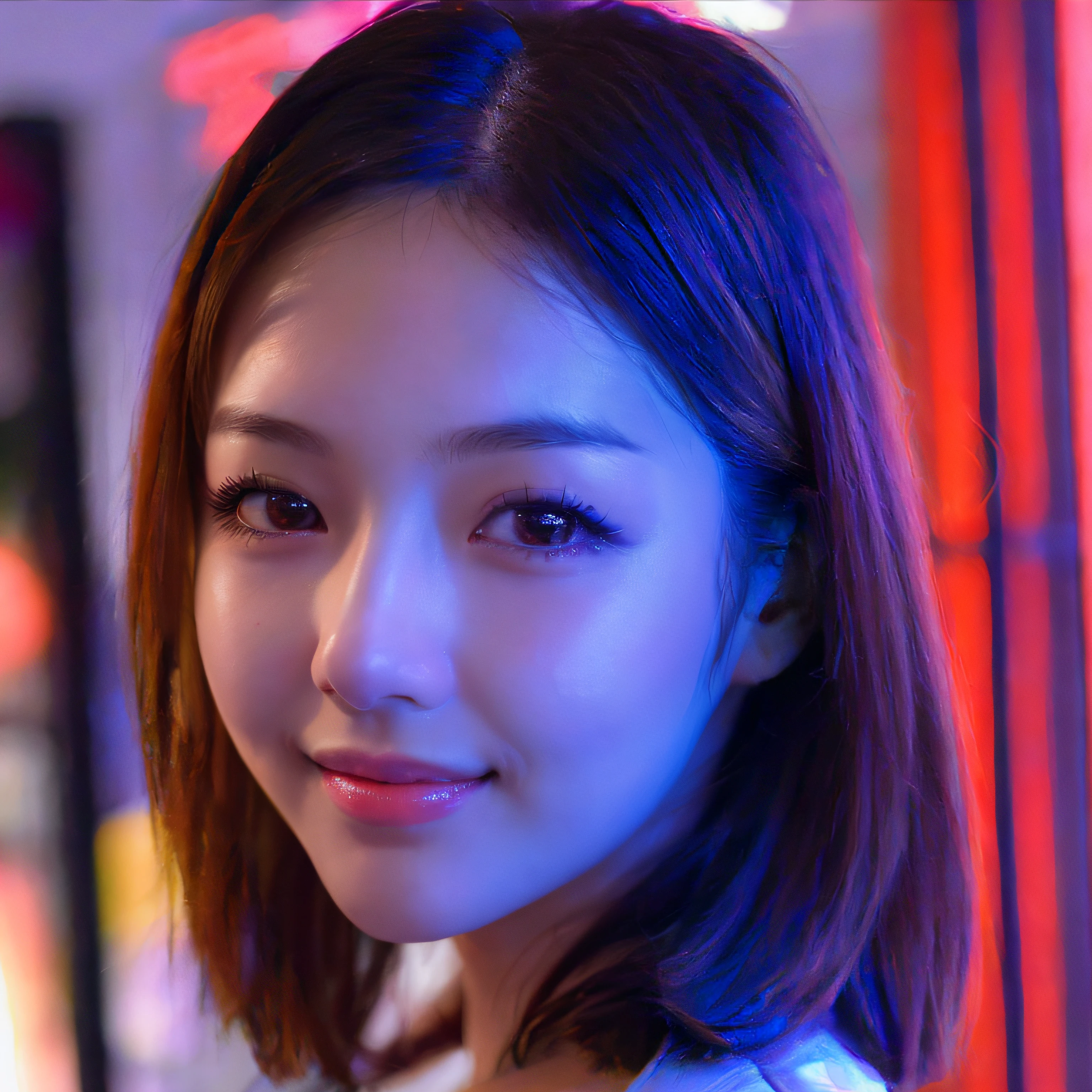Keep your eyes, nose and mouth small、the neck is slightly longer,、Narrow forehead、Blue light hits your face、Small placement of eyes in the center of the face、In a natural、natural make up、(8k, RAW photo, best quality, masterpiece:1.2), (realistic, photo-realistic:1.4), (extremely detailed 8k wallpaper), sharp focus, depth of field, cinematic lighting, soft light,20 years old cute actress,smile