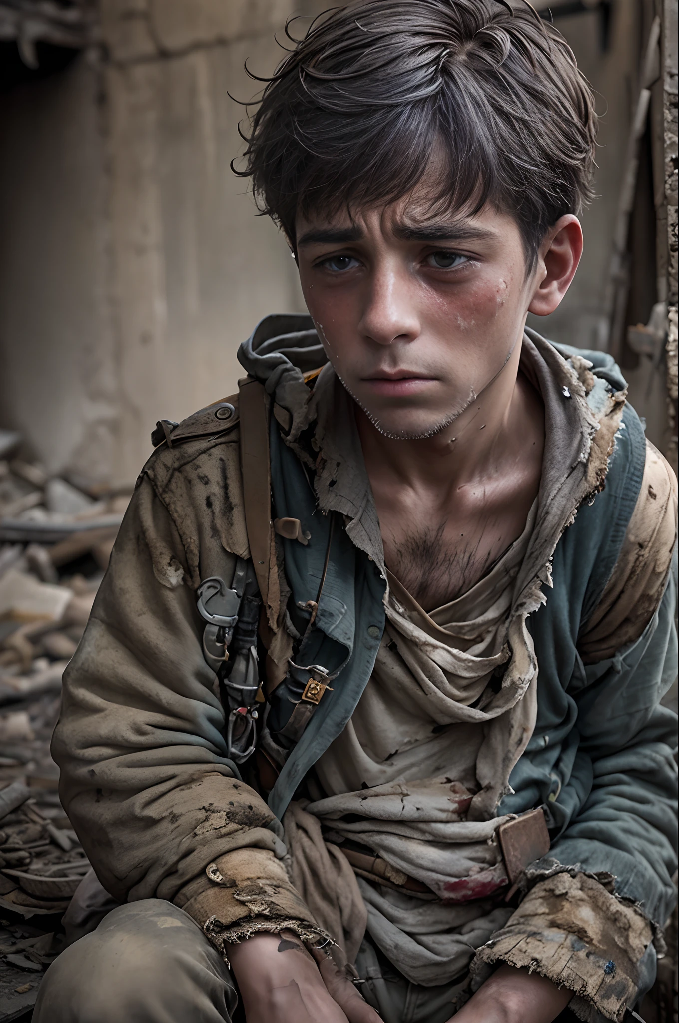 A war-torn boy,Loved ones who lost their lives in the ashes of war in the Middle East,Holding a worn-out book in his hand,The clothes were tattered,Ruins of war,be desperate,Tragic,(Ultra-detailed description of facial pain and hopelessness:1.2),Real Human,Ultra photo realsisim,hyper realisitc,rendering by octane。Finer body structure,close-up all over the body,(Ultra-real teardrops),Holding a battered car。(50mm focal length shooting:1.1)(War correspondent perspective:1.1),hunger