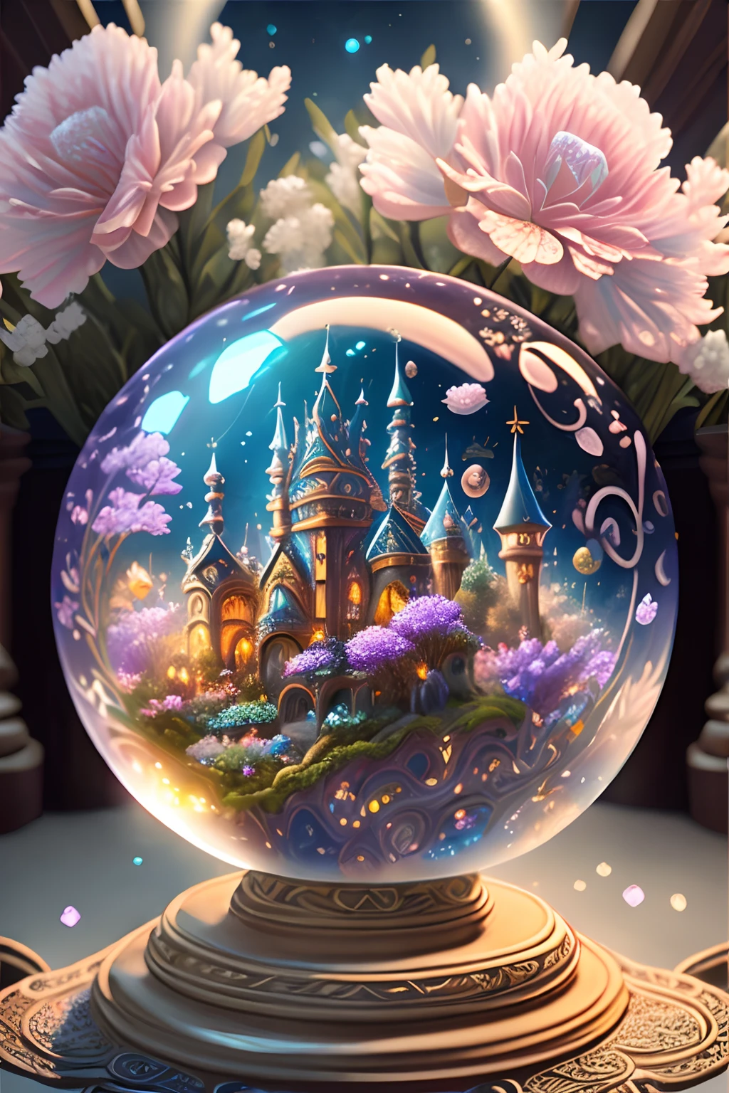Best quality，4K，8K，HD pirated masterpiece:1.2，super ultra detail，Photorealistic photorealism，photo-realistic:1.37，Fantasy world，Enchanted，Imaginative and fictional，Showcase a landscape where medieval and futuristic civilizations converge，Ceramic craftsmanship，Intricate glass castle，Magnificent castle，Verdant Garden，Spectacular ceramic vase，Painted with delicate textures and gorgeous flowers，Sparkling magic gemstones，Transparent crystal ball，Mysterious fairyland creatures，Magnificent portal，Fantastical Atmosphere，Mysterious light illuminates beautiful fantasy scenes，Bring the audience amazing and shocking visual enjoyment。