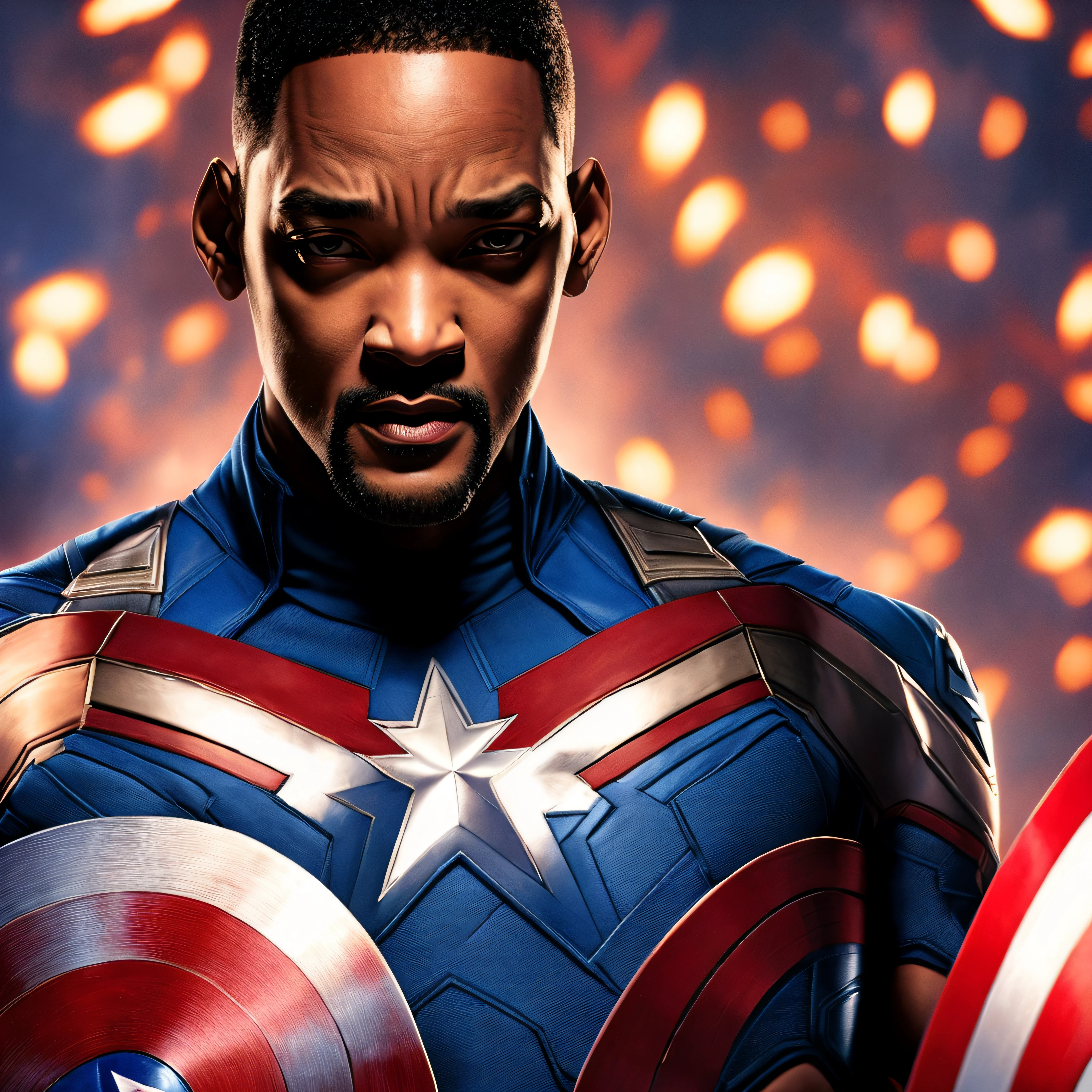 . .Tarantino style Will Smith as Captain America 8k, high definition, detailed face, detailed face, detailed eyes, detailed suit, in style of marvel and dc, hyper-realistic, + cinematic shot + dynamic composition, incredibly detailed, sharpen, details + superb details + evening with light + perfectionism + award winning realism ((moody lighting))