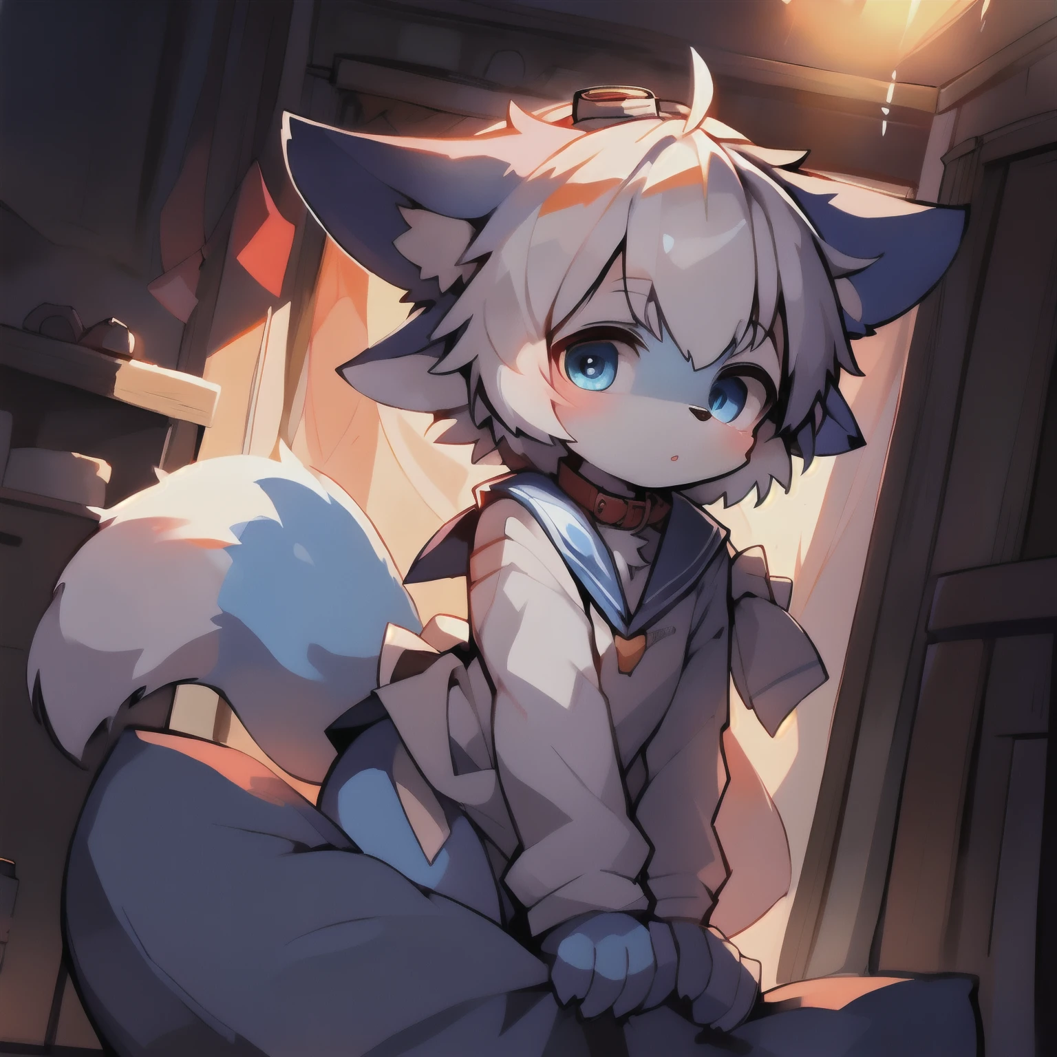 Masterpiece, high quality portrait, 16k, Furry,( White_Hair, Blue eyes, Blue fur:1.2), Fox, cub, solo child boy, Collar, Topless, a sailor suit, Sailor's cap, Bottomless, goggles,skin_Fang, Double reference, warm lights, posing on a, Ears down, Bedrooms, Full shot,author:Sumi Kuroi, Yupa,Kiyosan