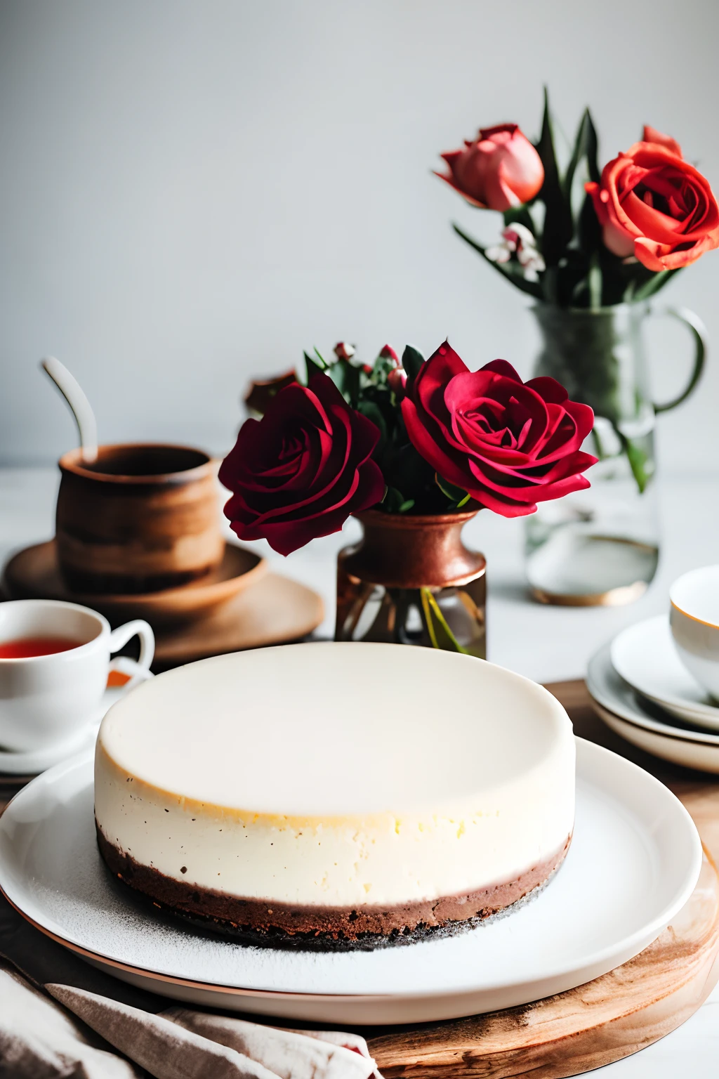 best quality, ultra-detailed, (photorealistic),
Cheesecake, on white dish, tea cup, flowers in vase,
depth of field, --auto