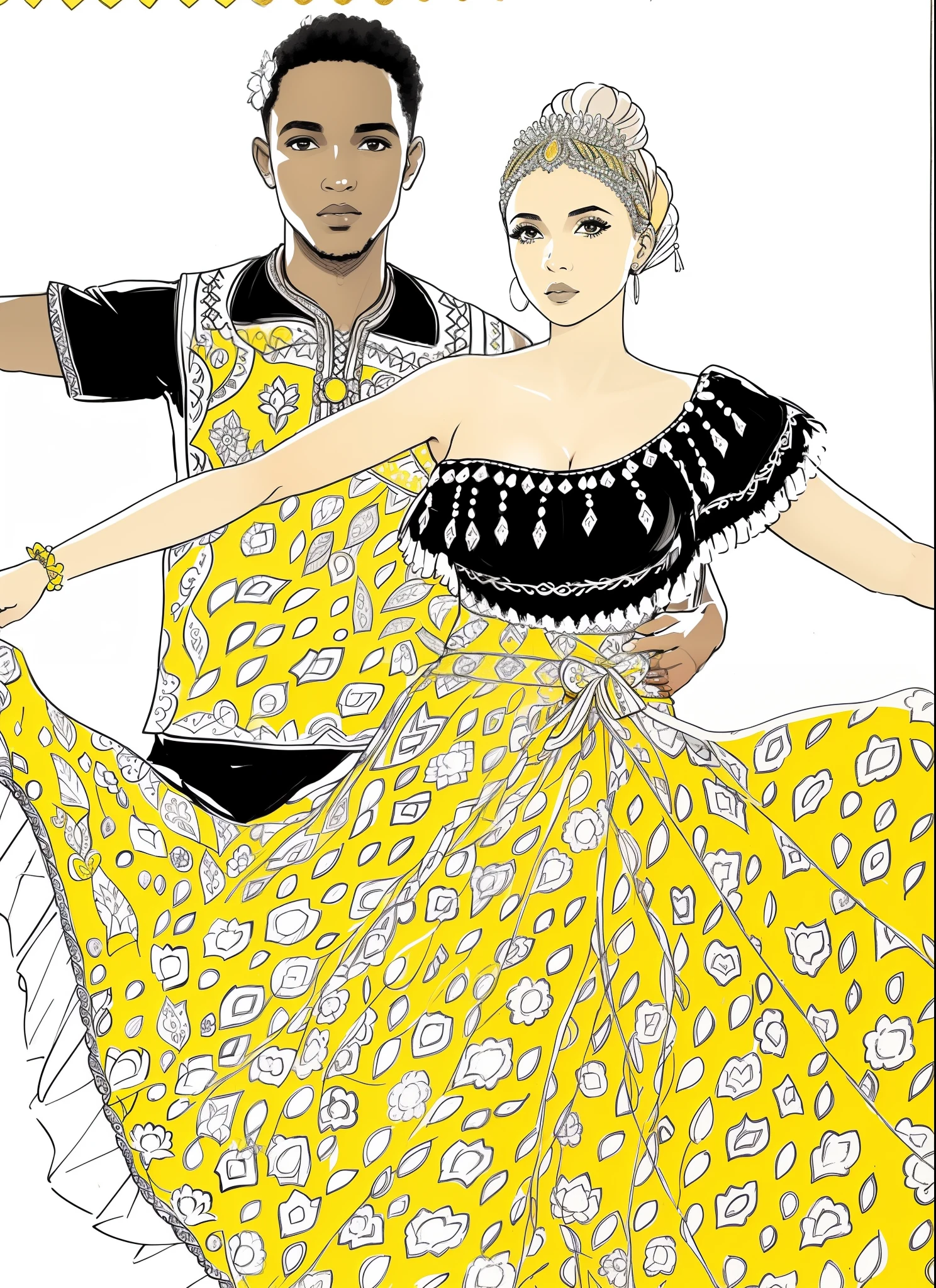 desenho de um homem e uma mulher em um vestido amarelo, folkloric illustration, com panos amarelos, por Ingrida Juniper, usando um vestido africano, Directed by: Daphne Allen, Roupas amarelas, por Ella Guru, Directed by: Ellen Gallagher, ornate patterned people, Ilustrativos!!, Directed by: Chinwe Chukwuogo-Roy, traditional clothing, senhora usando vestido amarelo