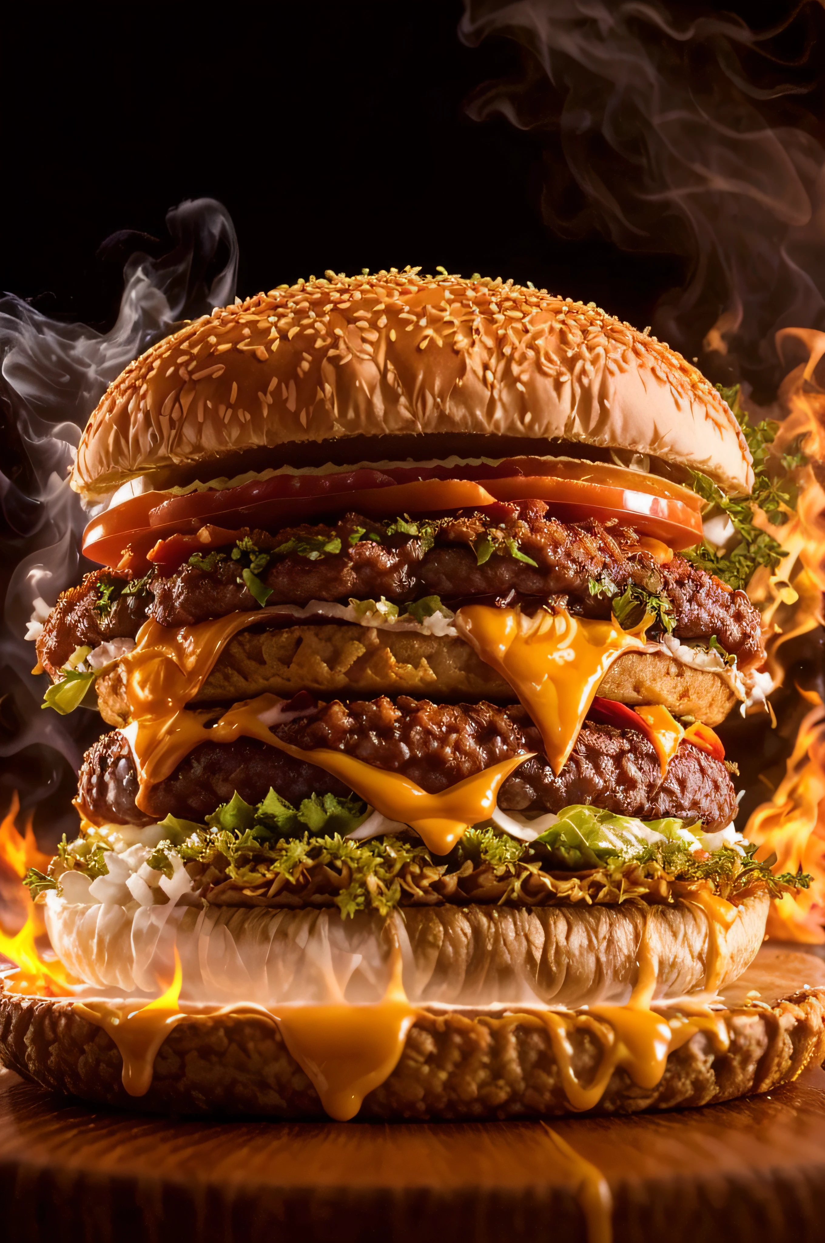 araffe with flames and a burger on a black background, super realistic food picture, food commercial 4 k, big juicy burger, hamburger, cheeseburger, food advertisement, hamburger monster, burger with a mouth, burger with human mouth, 8 k highly detailed ❤🔥 🔥 💀 🤖 🚀, burger, eating burgers, fires!! hyperrealistic, operating on burgers, png, transparent background