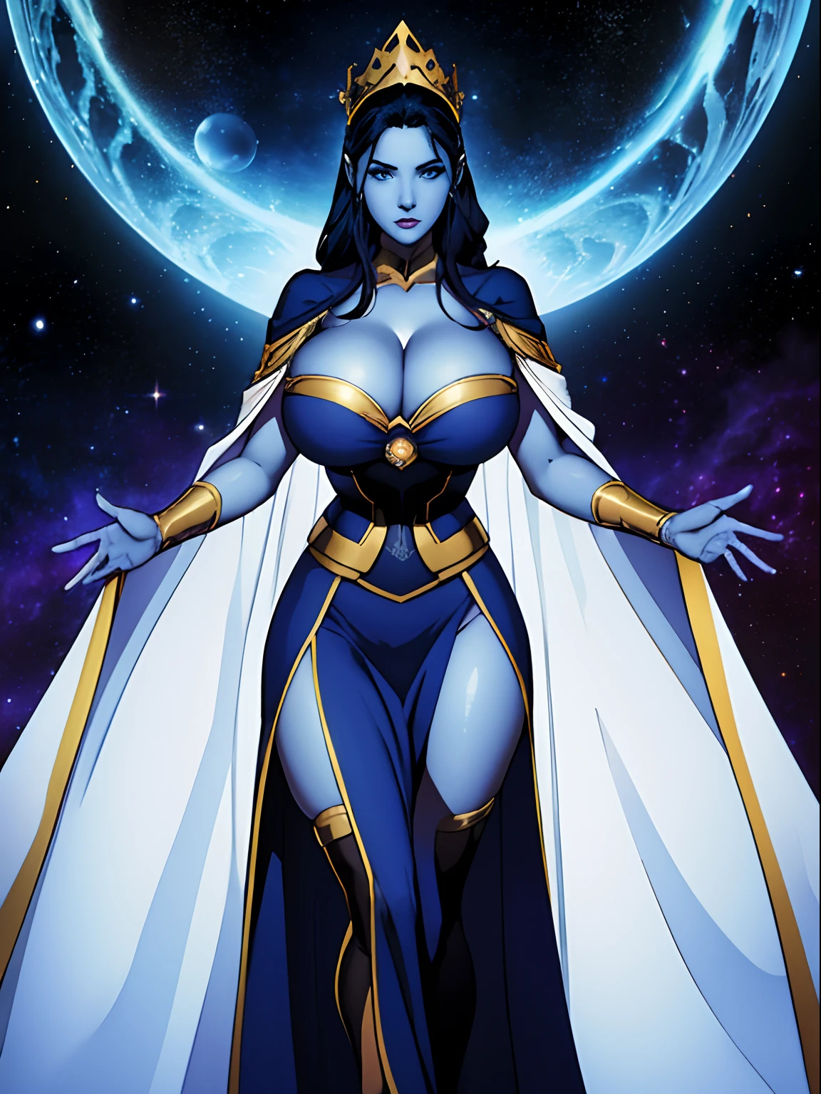 (masterpiece, top quality, best quality, official art, beautiful and aesthetic:1.2), (1girl:1.3), dark blue hair in braid, extremely detailed, portrait, looking at viewer, solo, (full body:0.6), detailed background, close up, (cool science fiction space theme:1.1), ((((blue skin)))), extremely busty alien sorceress, charlatan, mysterious, casting spells in space, four arms, revealing white and gold robes, fingerless gloves, long gloves, glowing magical energy, blindfold, elaborate headdress, golden ceremonial winged crown, sheer white fabric, elegant robes, skirts, streamers, cowl, cape, sandals, bracers, ((((gigantic breasts, cleavage, skindentation)))), slim waist, slim hips, long legs, athletic, SPACE, futuristic moon, (space exterior:1.1) background, dark mysterious lighting, shadows, magical atmosphere, dutch angle