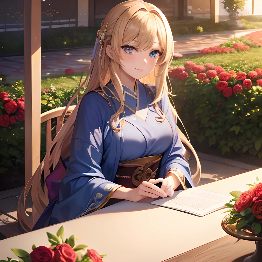 {{{{{masterpiece, Best Quality, ultra-detail, 8k, }}}}}, beautiful 1 girl in long dress, long sleeves, sitting beautiful chair, beautiful smirk, beautiful blonde long hair, beautiful blue eyes, beautiful full of roses garden gazebo background, afternoon teaset on a table,japanese aniime style,