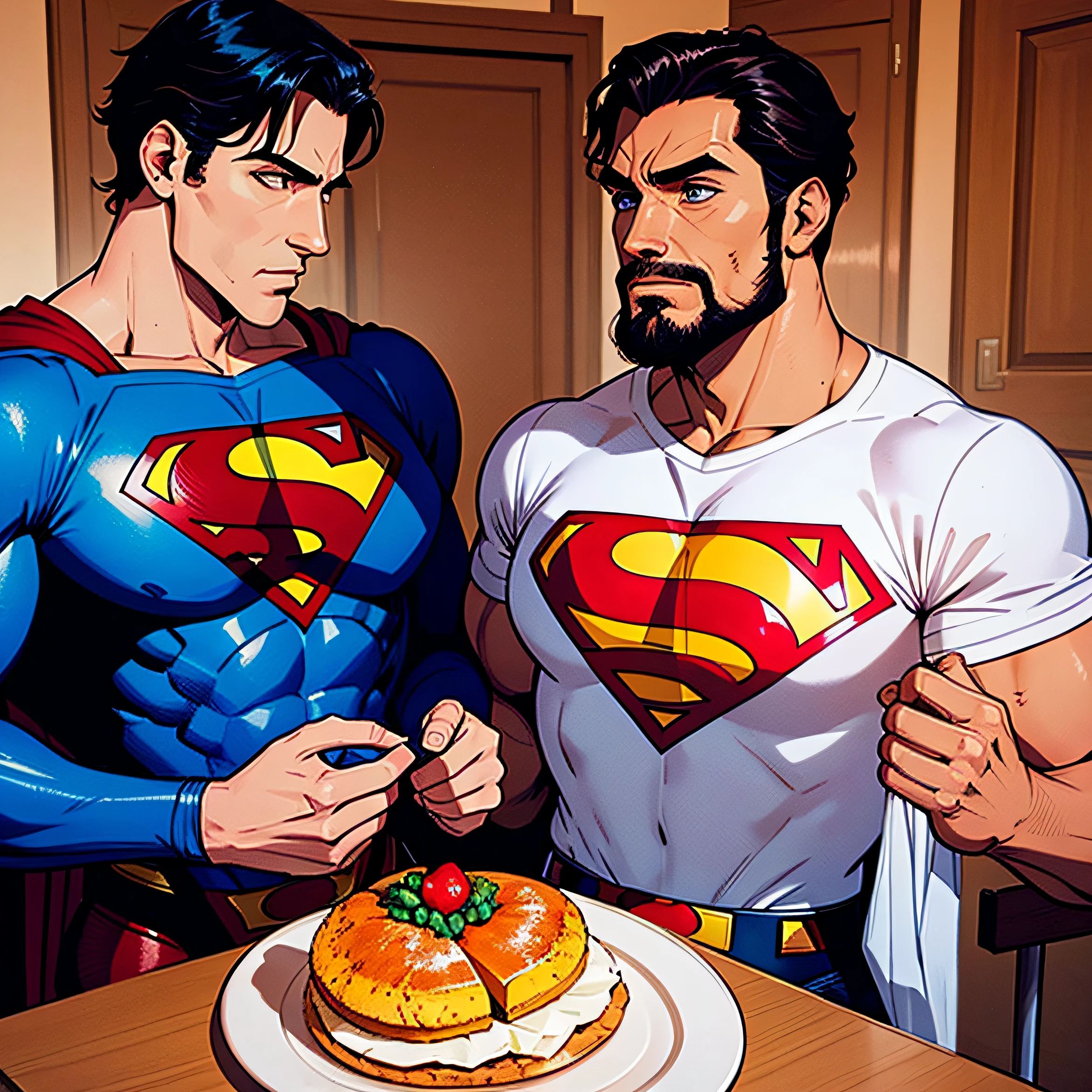 2 hombres desayunando juntos mientras hacen cosplay de Superman