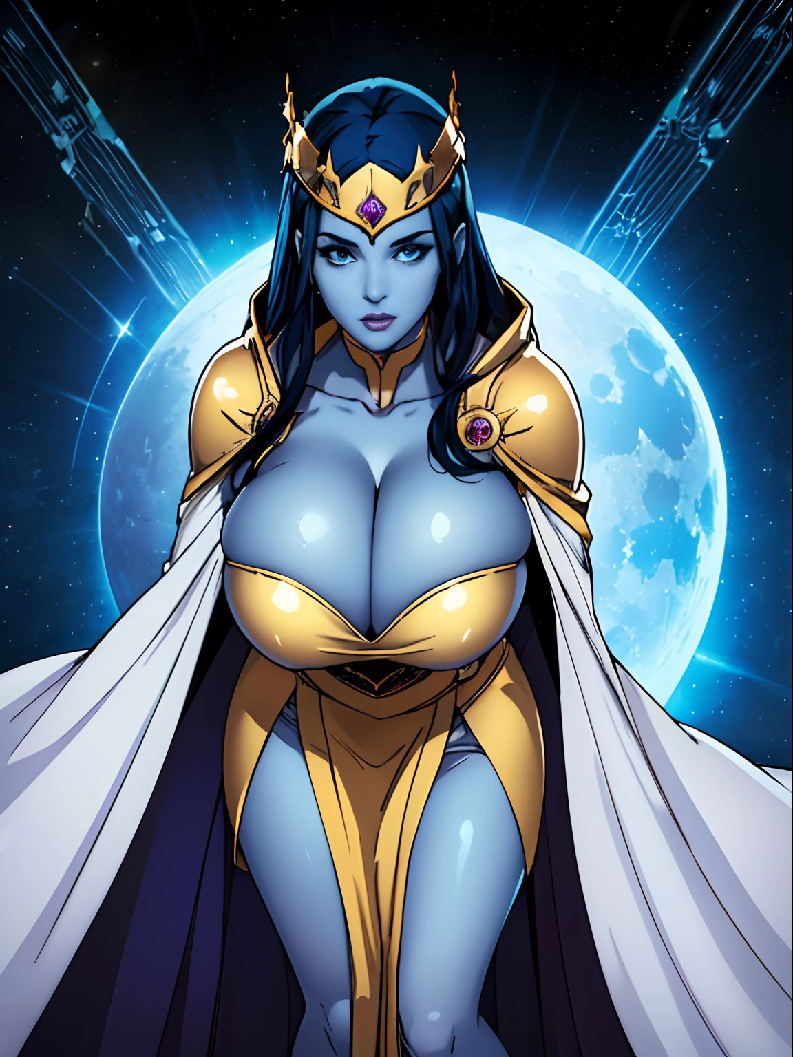 (masterpiece, top quality, best quality, official art, beautiful and aesthetic:1.2), (1girl:1.3), dark blue hair in braid, extremely detailed, portrait, looking at viewer, solo, (full body:0.6), detailed background, close up, (cool science fiction space theme:1.1), ((((blue skin)))), extremely busty alien sorceress, charlatan, mysterious, casting spells in space, four arms, revealing white and gold robes, fingerless gloves, hood, veil, long gloves, glowing magical energy, blindfold, elaborate headdress, golden ceremonial winged crown, sheer white fabric, elegant robes, skirts, streamers, cowl, cape, sandals, bracers, ((((gigantic breasts, cleavage, skindentation)))), slim waist, slim hips, long legs, athletic, SPACE, futuristic moon, (space exterior:1.1) background, dark mysterious lighting, shadows, magical atmosphere, dutch angle