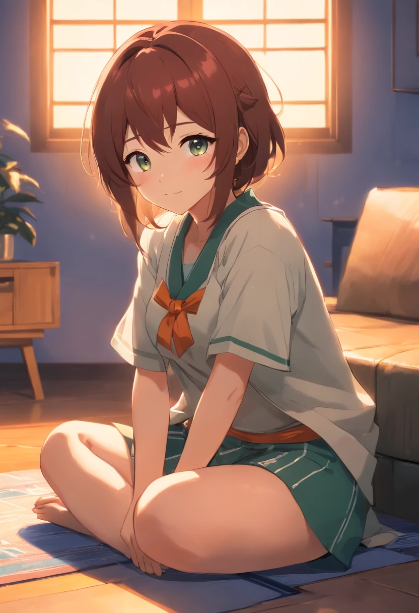 masterpiece,natsuiro matsuri,1girl,white skirt,orange jacket,black camisole with light green ribbon,green hair ribbon,open shoulder,navel,ahoge,brown hair,green eyes,side ponytail,small breasts,flat chest,evil smile,holo live, bottomless, masturbation