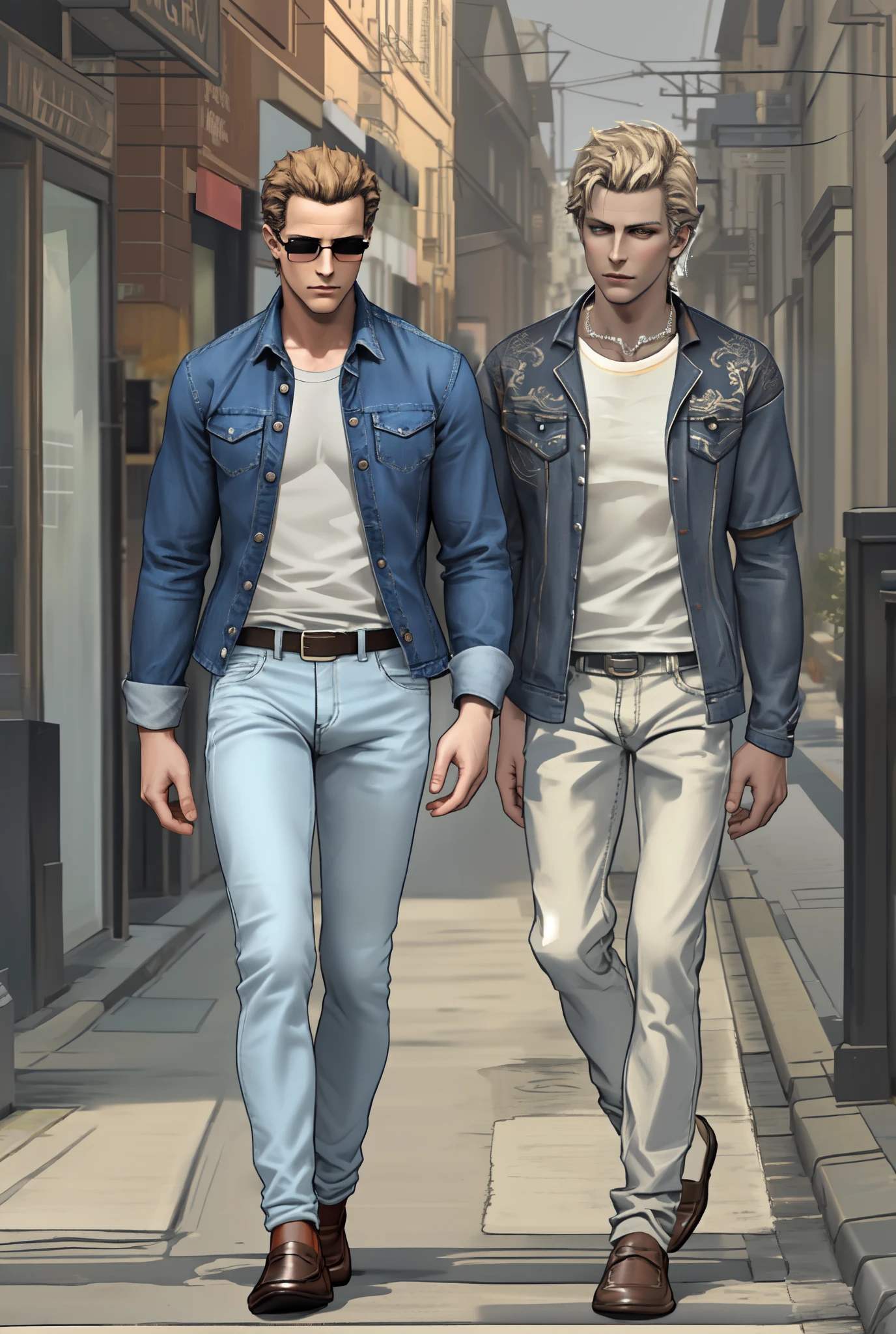 Albert Wesker, walking down a street, two men, casual clothing, long sleeve t shirt, skinny jeans, loafers, good anatomy, blend in with picture